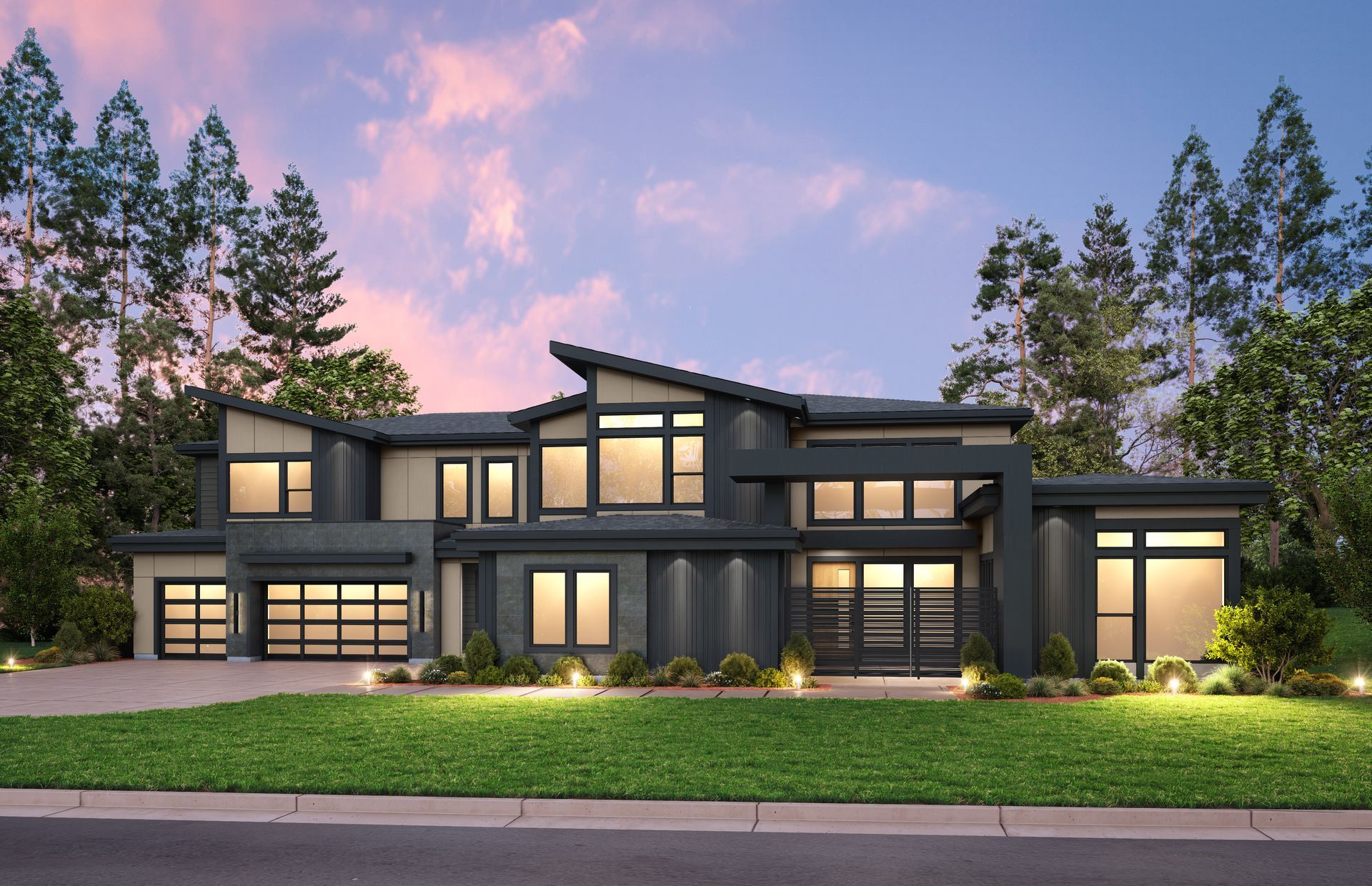 Modern two-story house with dark gray exterior, large windows, and a grassy lawn under a dusky sky.