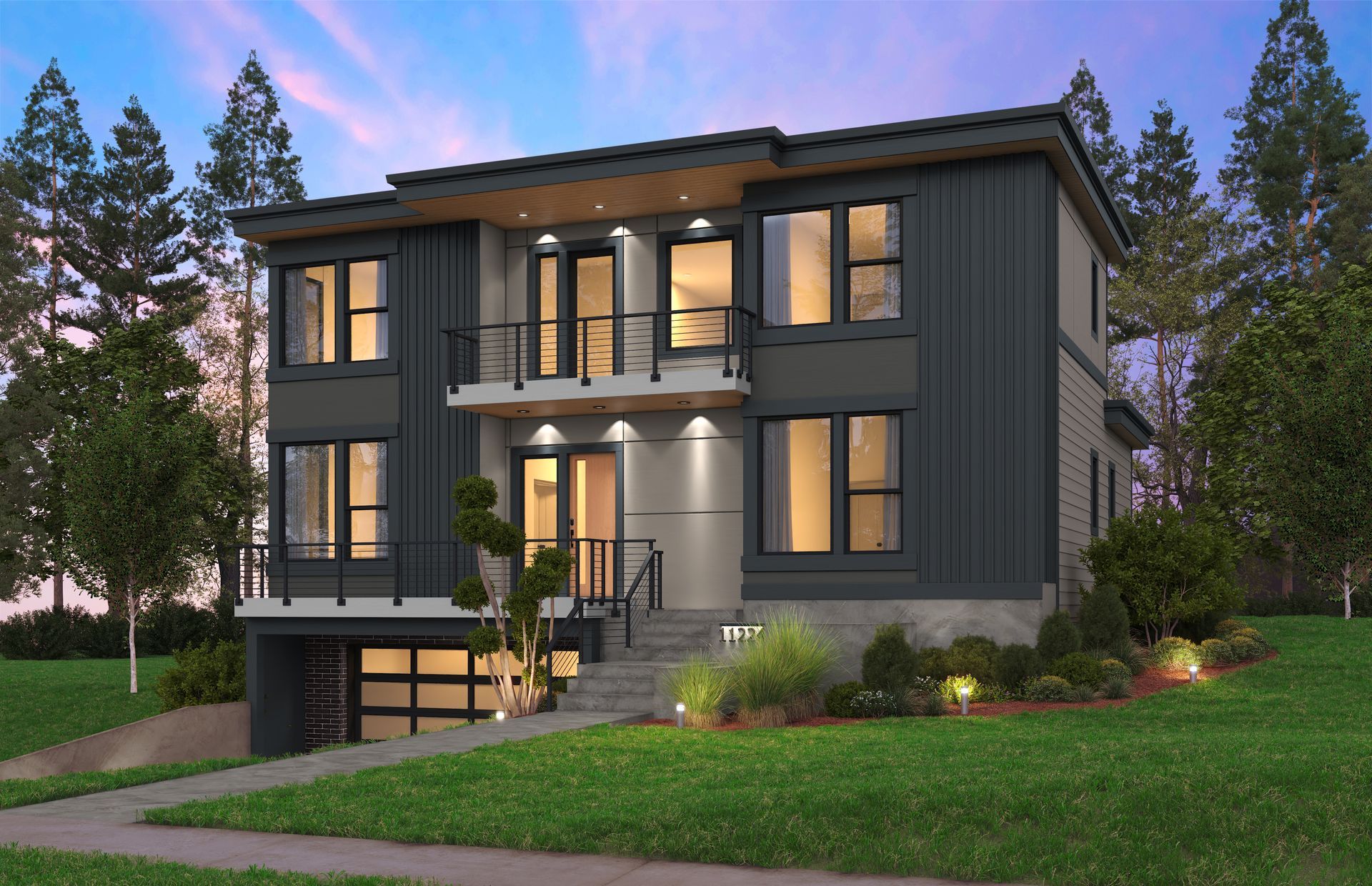 Modern two-story house with dark gray siding, balconies, and a garage on a grassy lot.