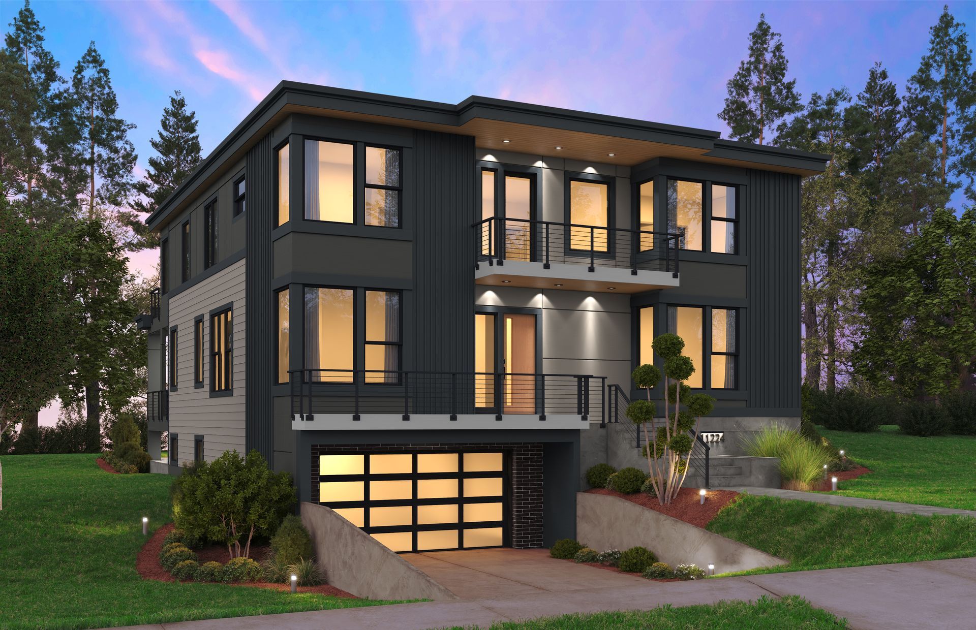 Modern three-story home with dark gray siding, glass garage door, and small balconies.