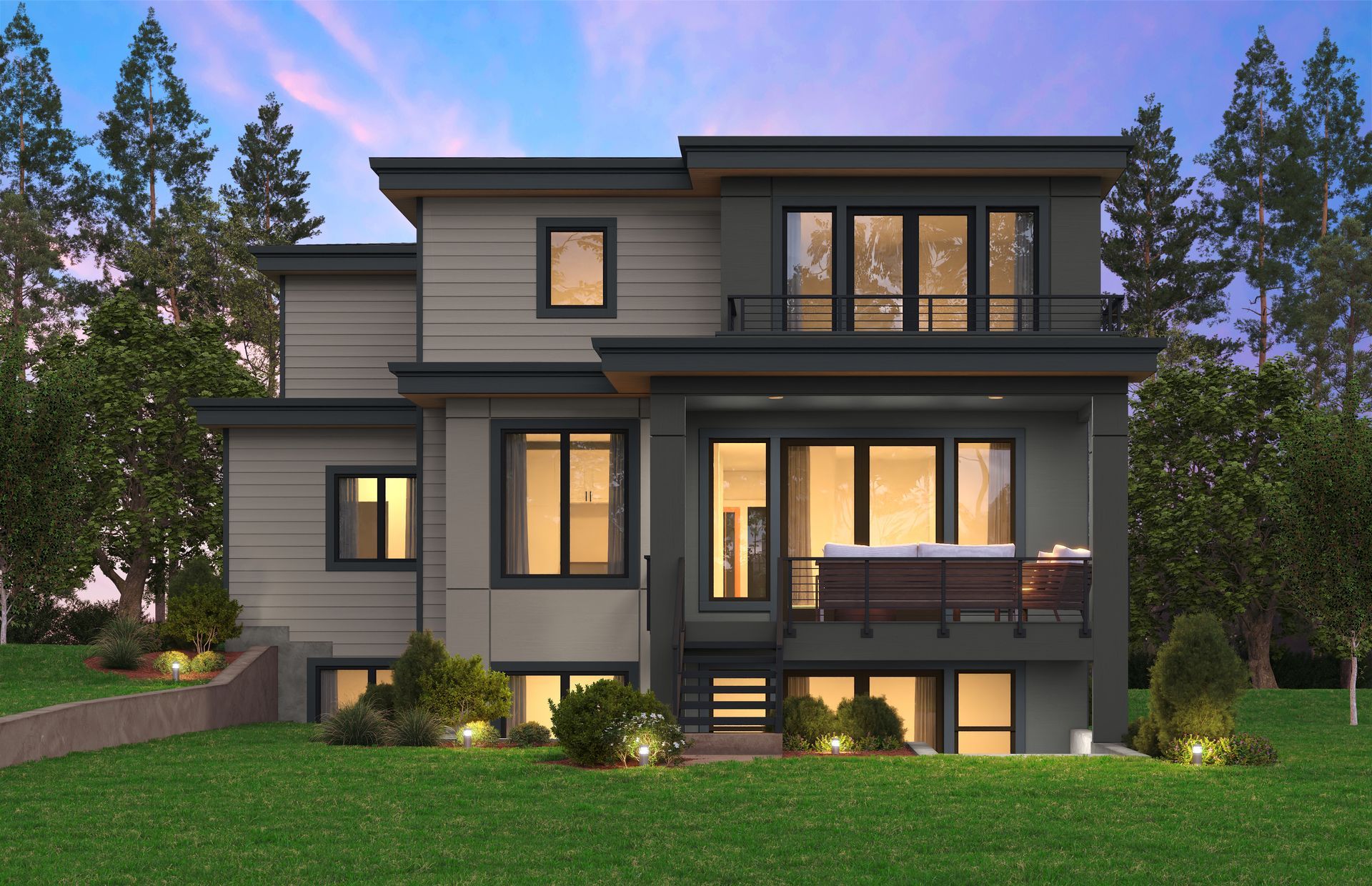 Modern two-story house with gray and tan exterior, deck with hot tub, and a green lawn at dusk.
