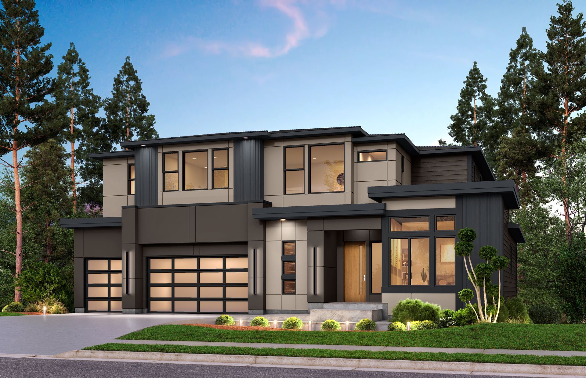 An artist 's impression of a modern house with a large garage.