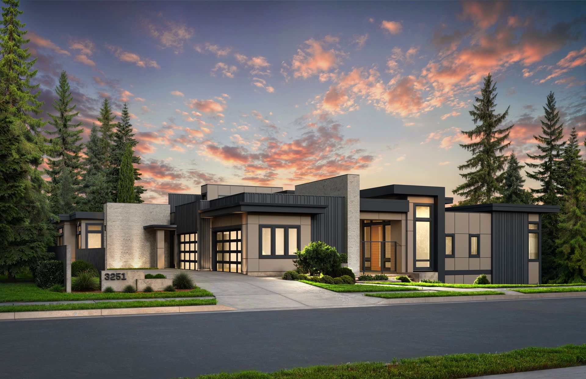 Modern home with gray siding and dark trim against a colorful sunset.