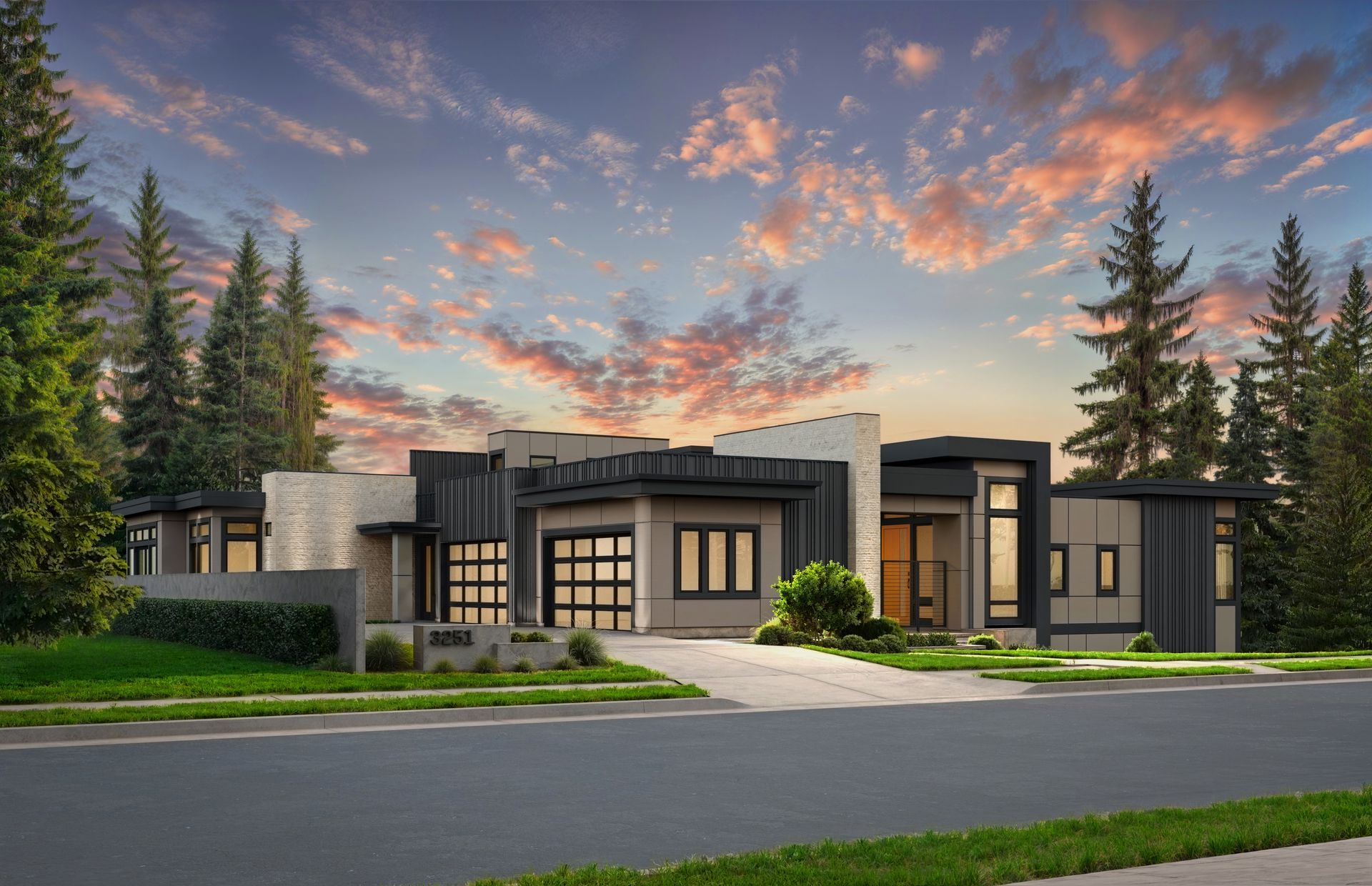 Modern home exterior with gray, beige, and dark accents; sunset sky.
