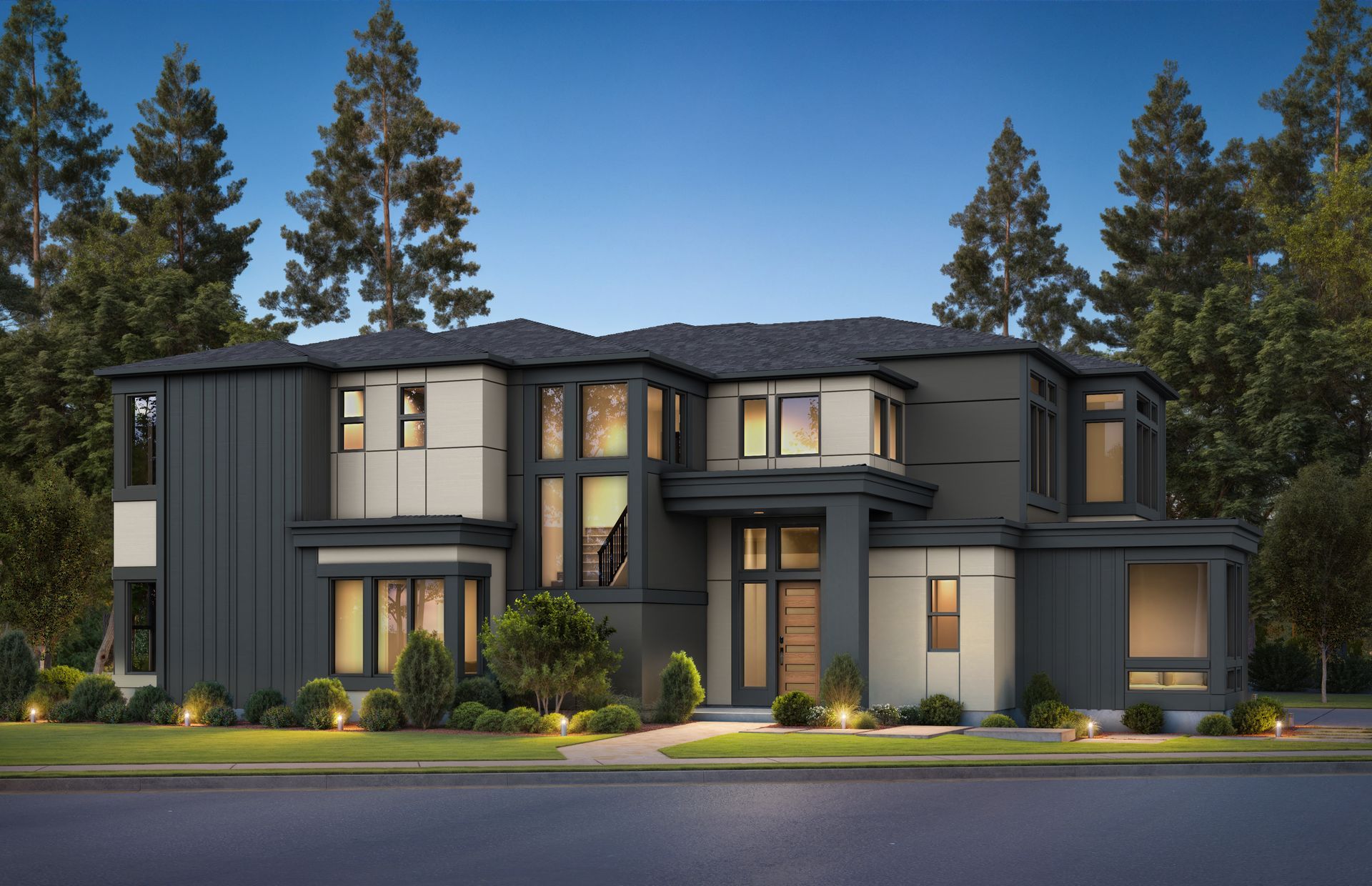 An artist 's impression of a large house with a lot of windows and trees in the background.