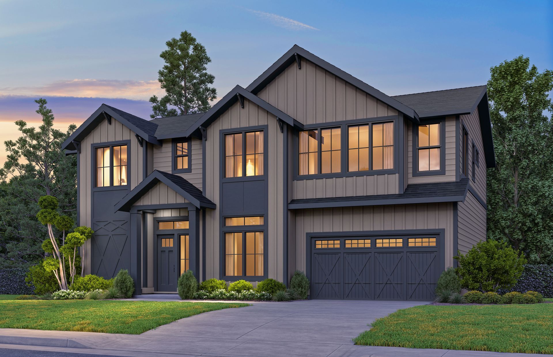 A large house with a lot of windows and a garage.