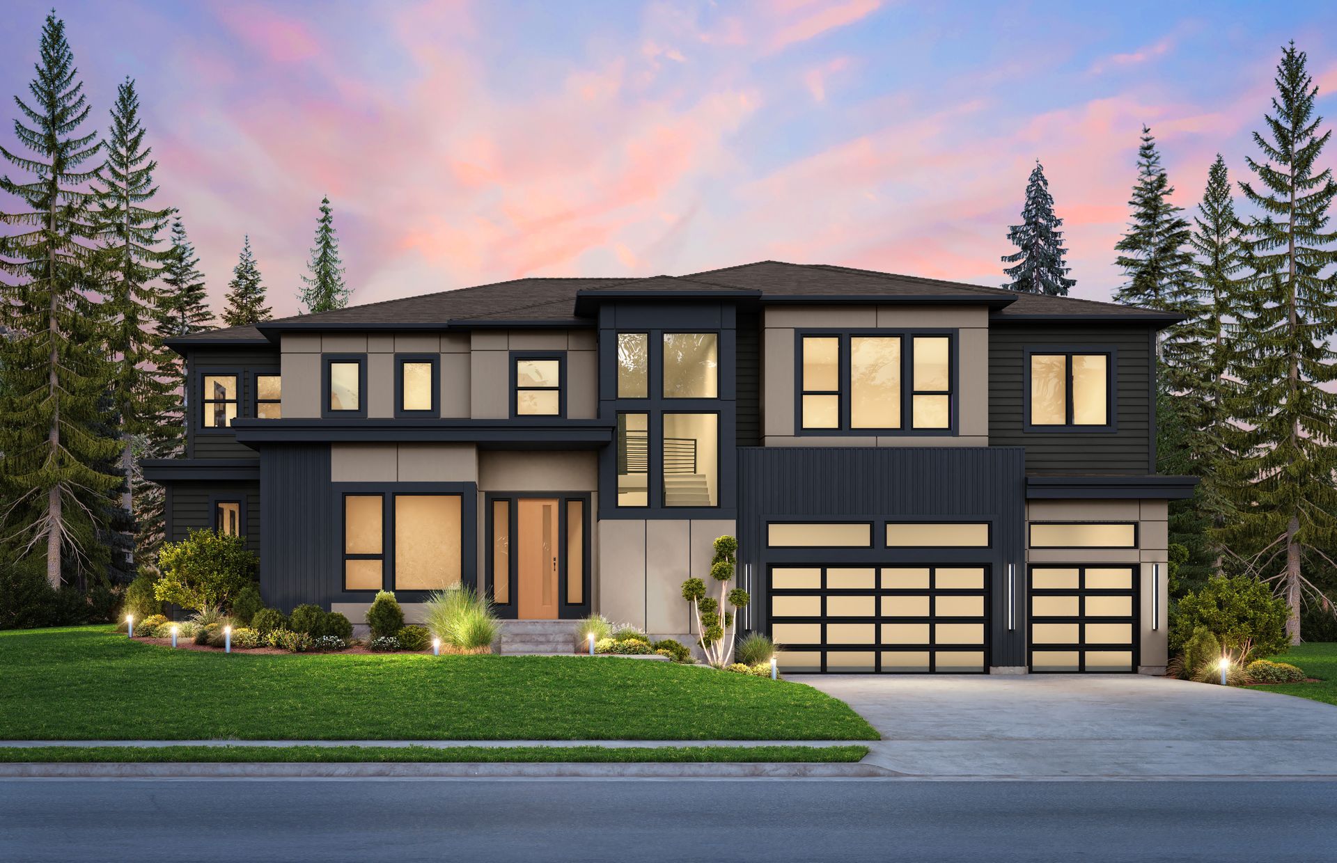 Modern two-story house with dark gray siding, multiple windows, and a three-car garage; set amidst trees under a sunset sky.