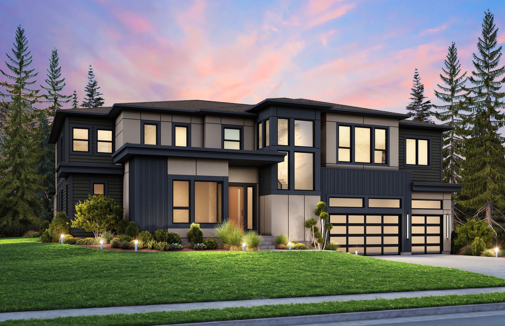 Modern two-story house with dark gray siding, large windows, and manicured lawn at sunset.