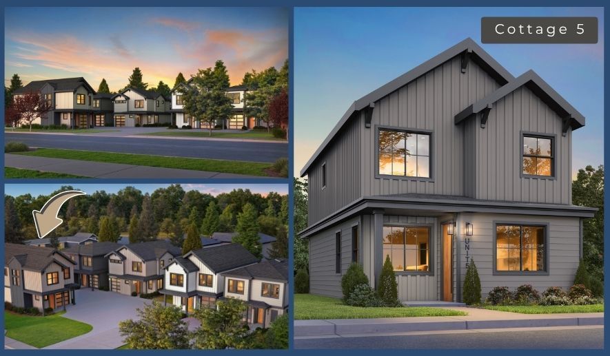 A collage of three pictures of a house called cottage 5