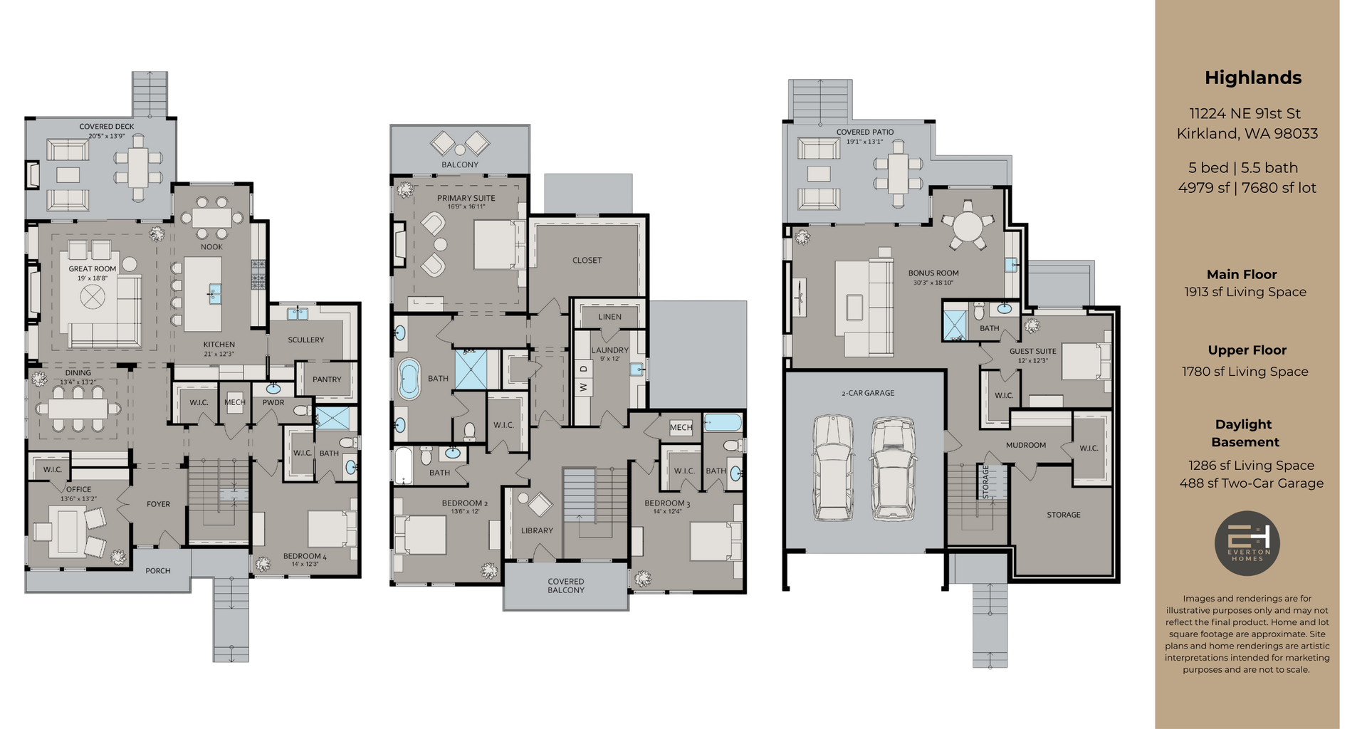 Floor plans of a house, showing three levels with rooms in shades of gray and blue.
