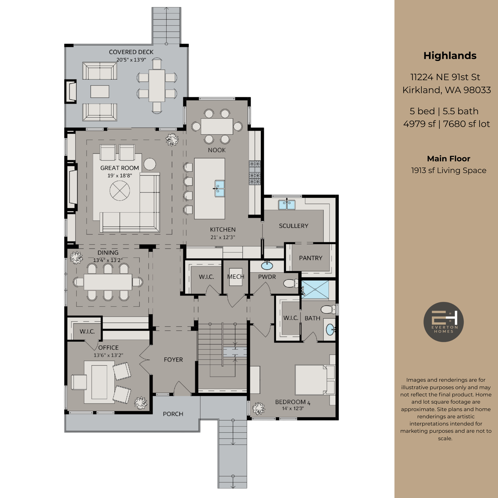 Floor plan of a house with living spaces, kitchen, office, dining areas, and bedrooms.