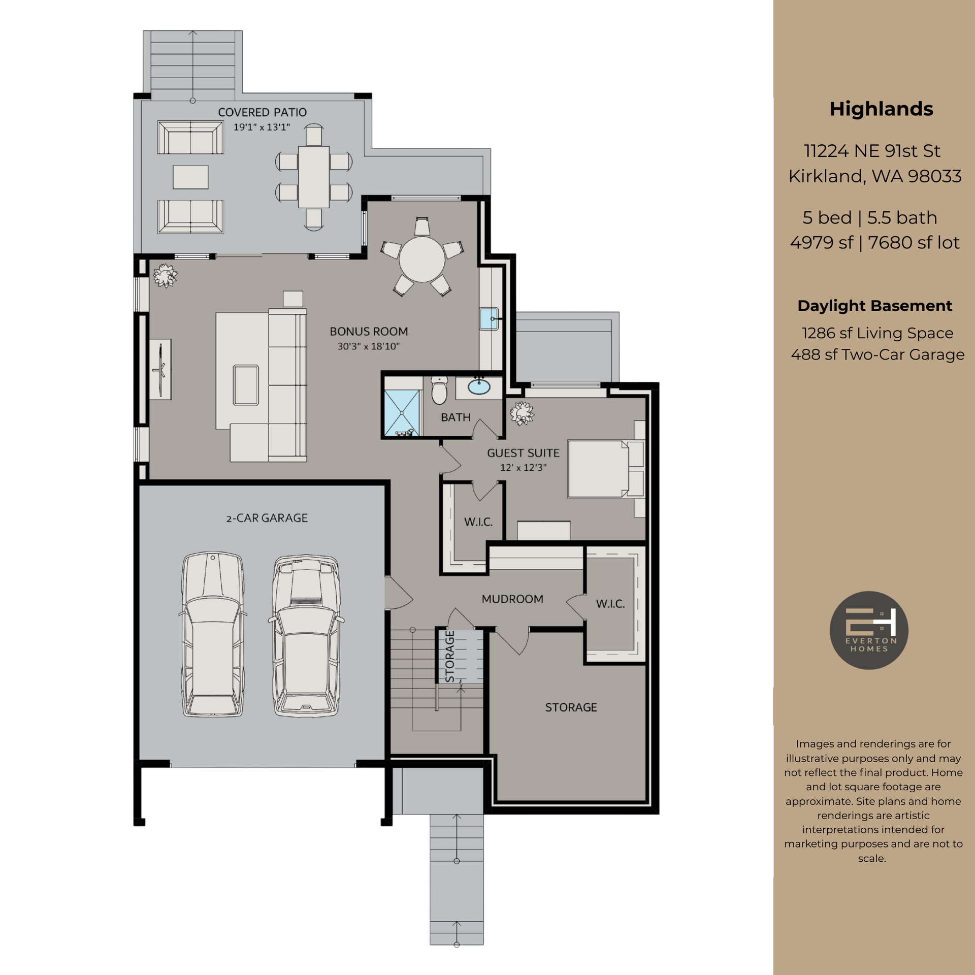 Floor plan of a five-bedroom house with a garage, patio, and daylight basement.