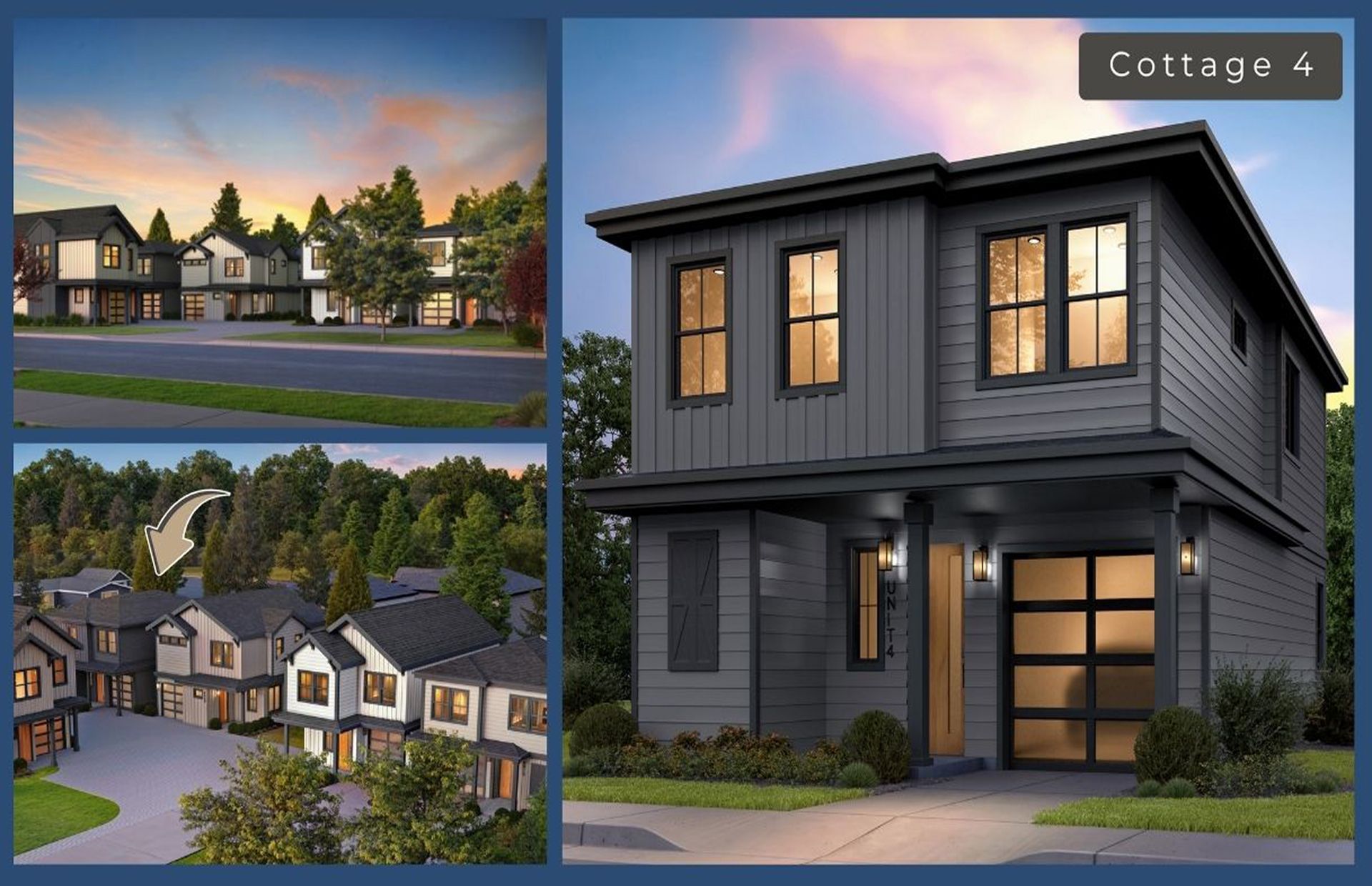Collection of modern gray cottage homes with trees and sky, including a close-up of Cottage 4 with glass garage door.