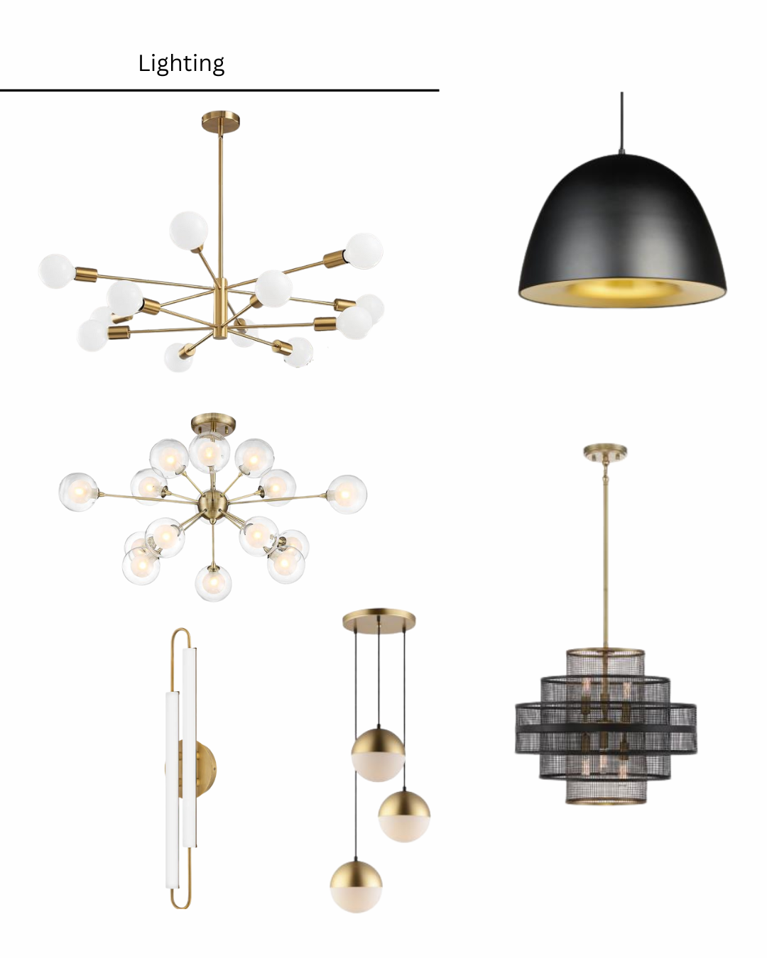 Collection of modern gold and black light fixtures for interior design.