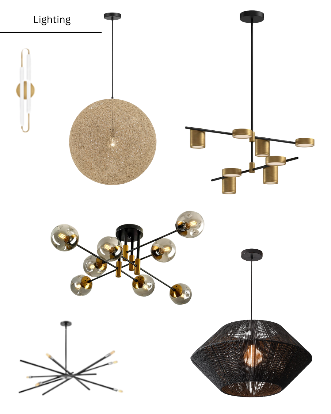 There are many different types of lighting hanging from the ceiling.