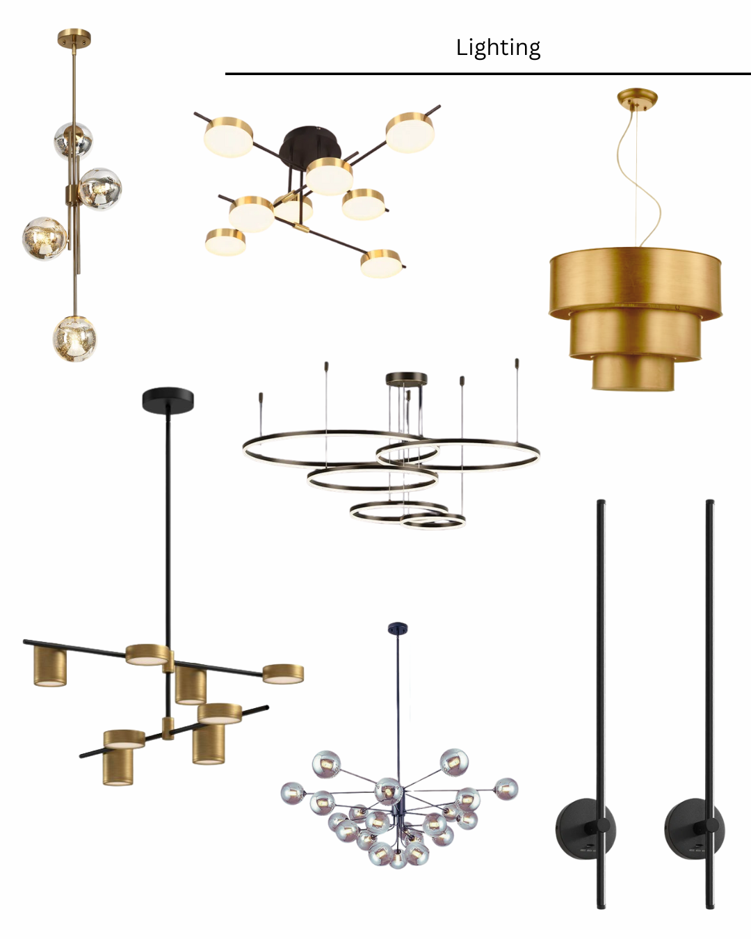 Collection of modern lighting fixtures in various shapes and designs.