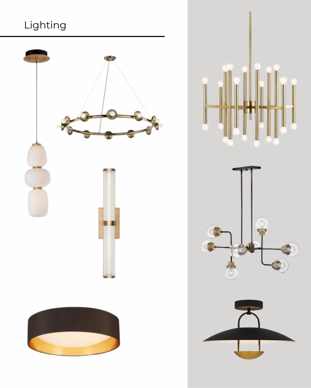 Various modern lighting fixtures on a white and gray background.