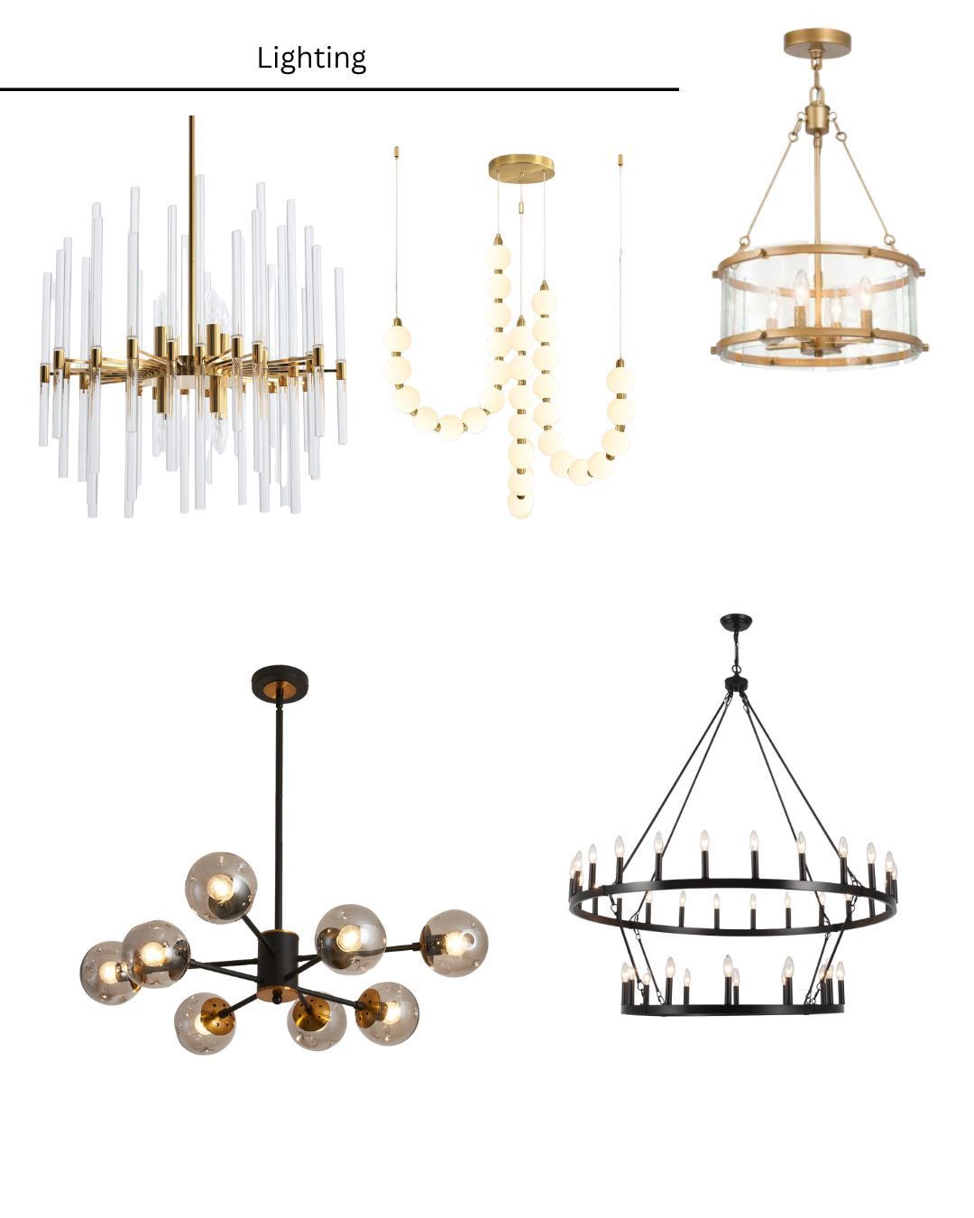 A collage of four different types of chandeliers on a white background.