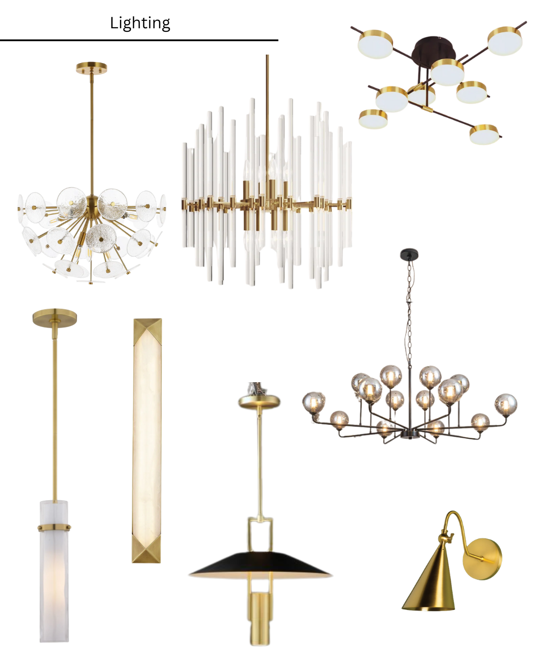 Assortment of gold and glass light fixtures: chandeliers, pendant lights, and a sconce.