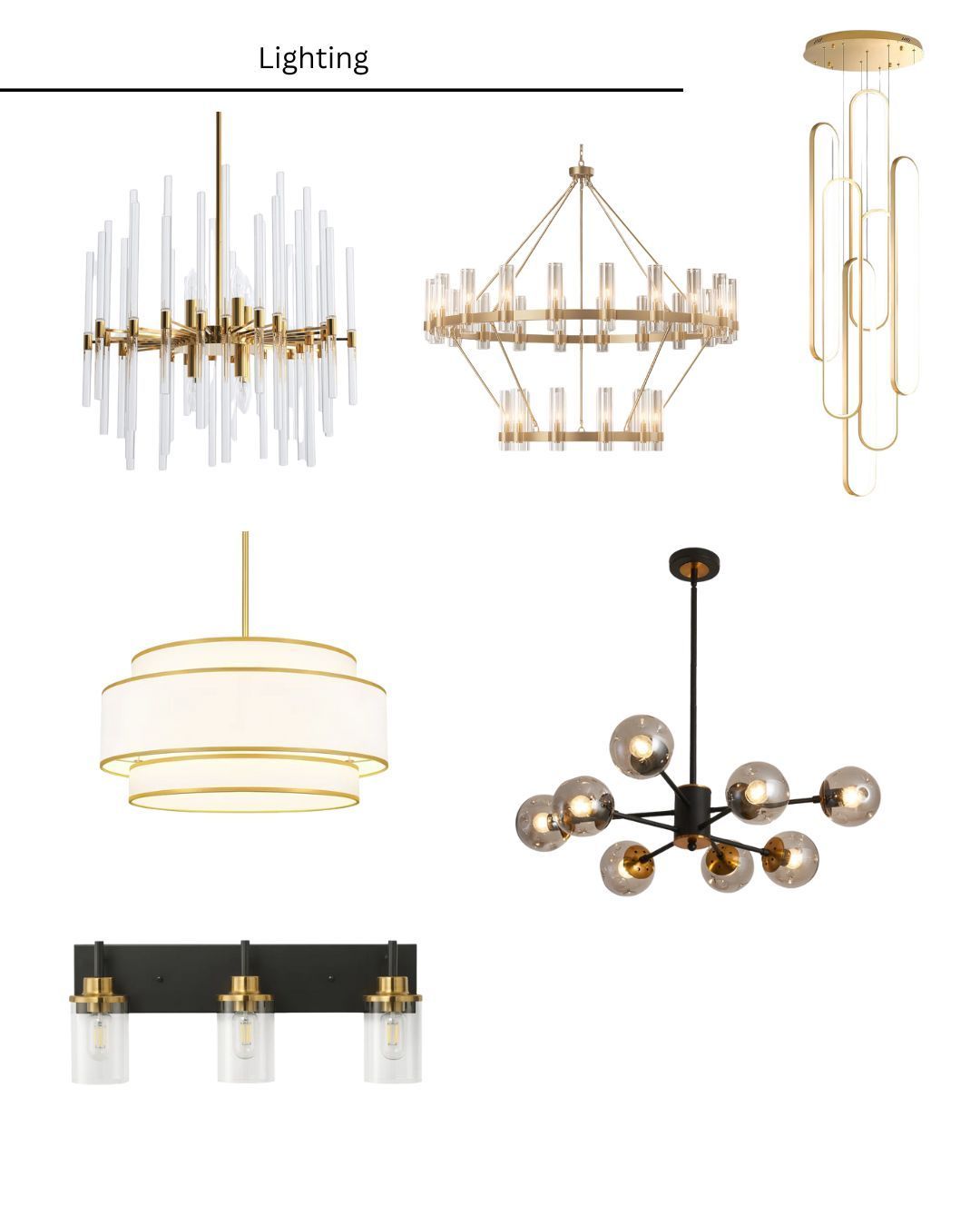 Various gold and black modern light fixtures, including chandeliers and vanity lights.