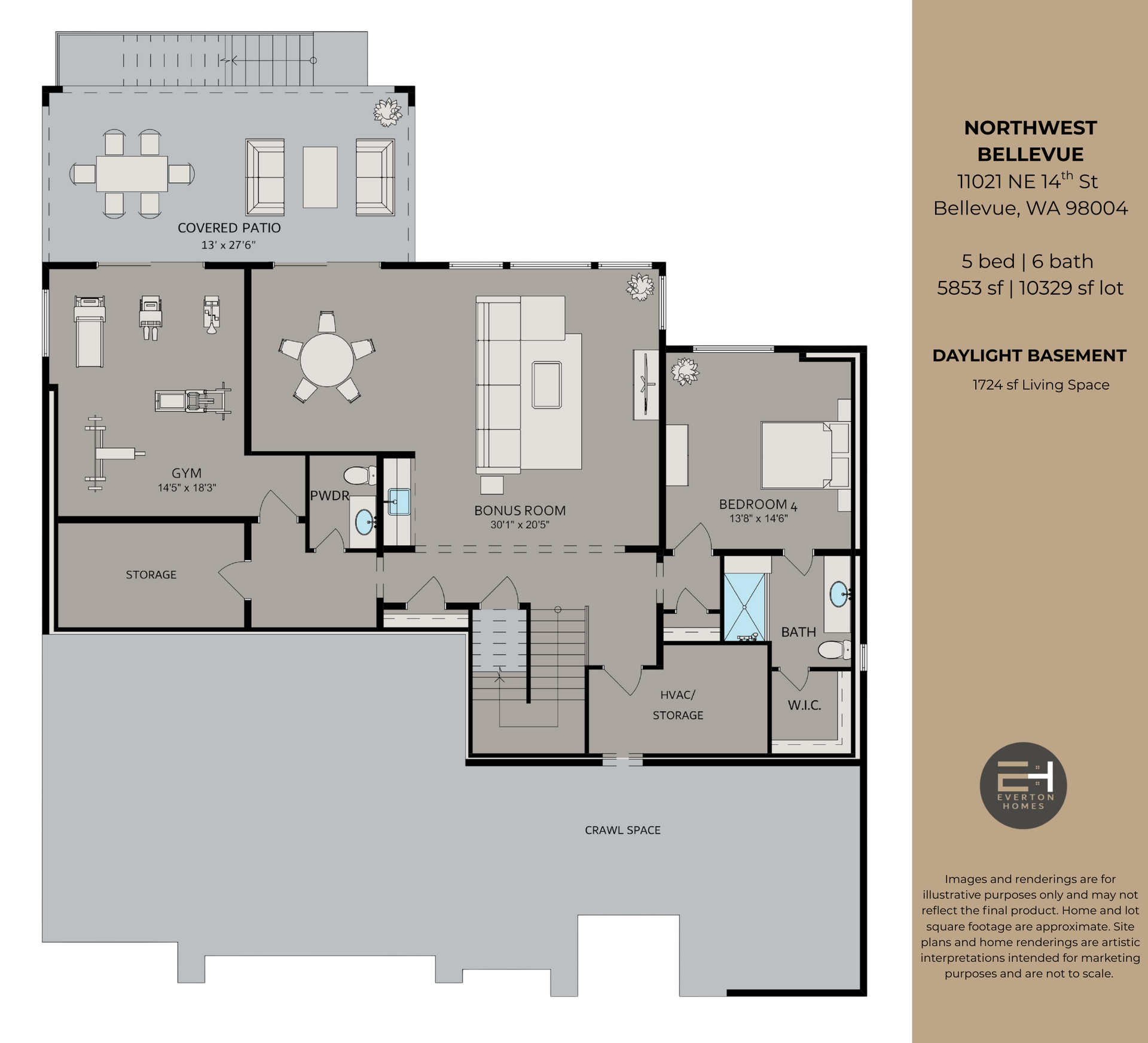 Floor plan of a house with a basement, patio, and garage; contains rooms, furniture, and measurements.