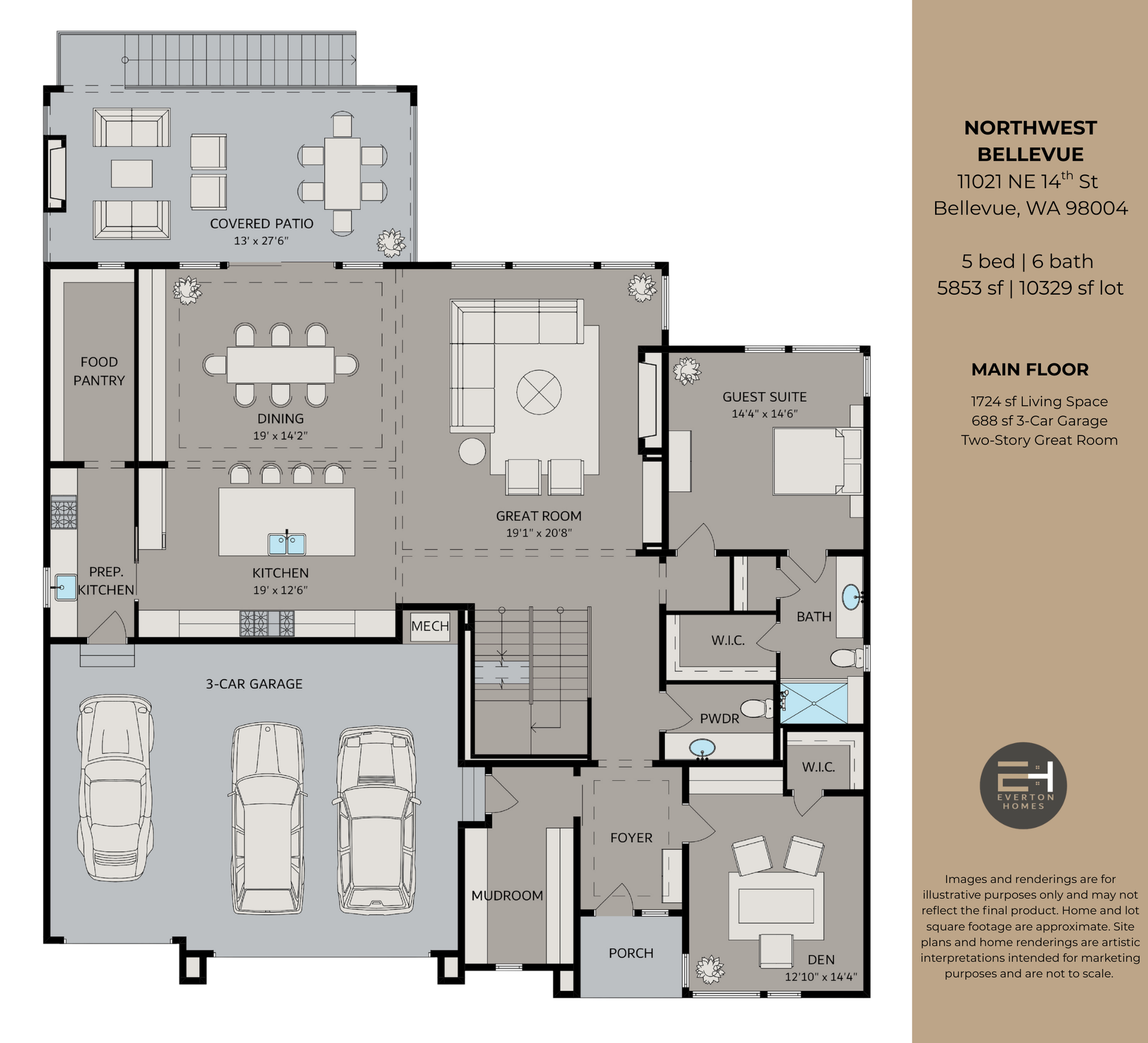 Floor plan of a house with living spaces, bedrooms, kitchen, garage, and outdoor patio.