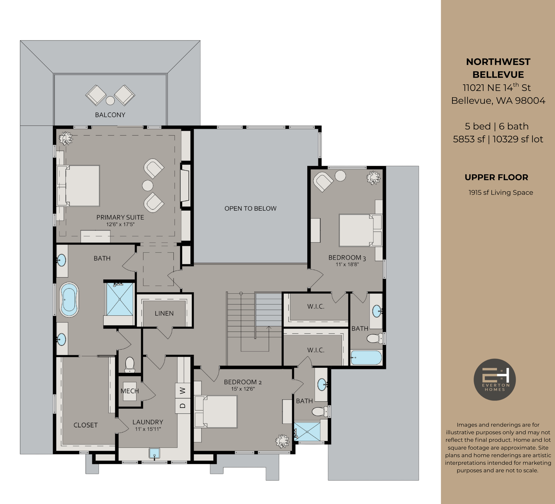 Upper floor floorplan of a house in Northwest Bellevue. Includes bedrooms, bathrooms, and a living area.