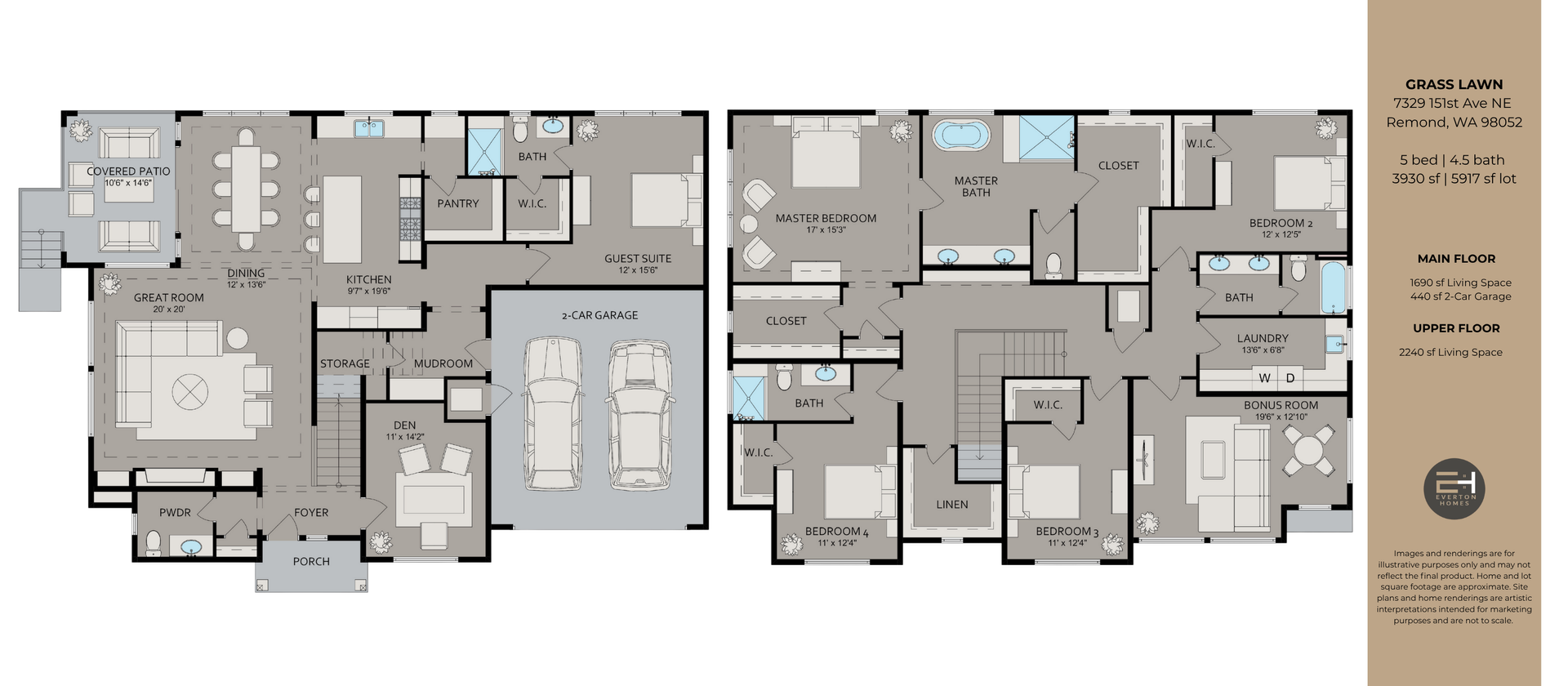 Floor plan with two sections: Living spaces, bedrooms, garage, kitchen, dining area, and bathrooms.