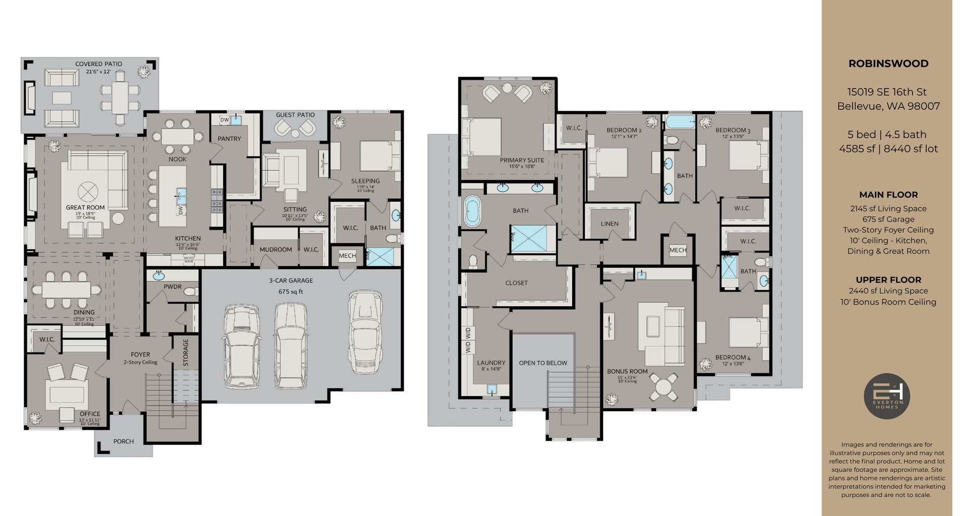 Floor plan: two-story house with rooms, garage, outdoor spaces, and furnishings. Gray and white.