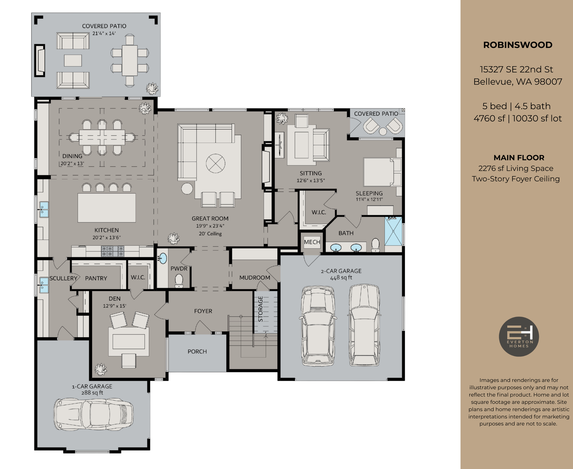 Floor plan of a house with living spaces, bedrooms, kitchen, dining area, and garage.