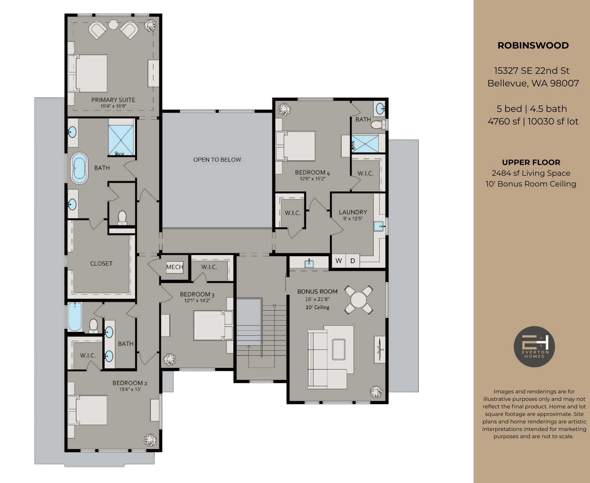 Floor plan of a house, bedrooms, bathrooms, and living areas shown in gray and white.