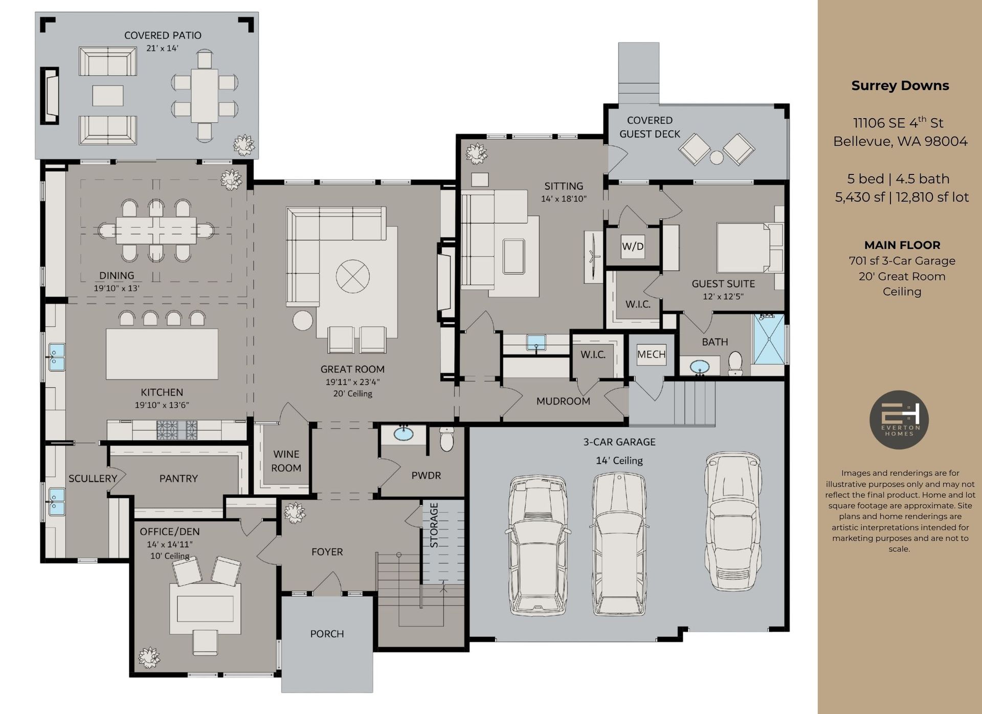 Floor plan of a modern two-story home, showcasing a large open living area, three-car garage, and multiple outdoor patios.