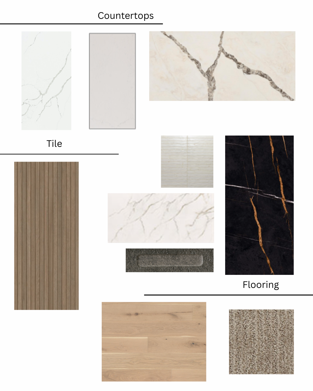 Mood board with countertop, tile, and flooring samples. Includes white, beige, black, brown, and wood tones.