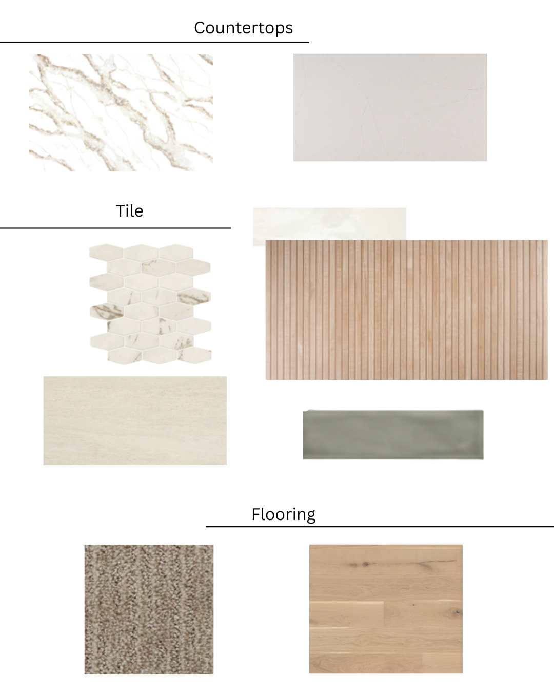 A design mood board showcasing countertop, tile, and flooring options in neutral tones with marble, wood, and textured elements.