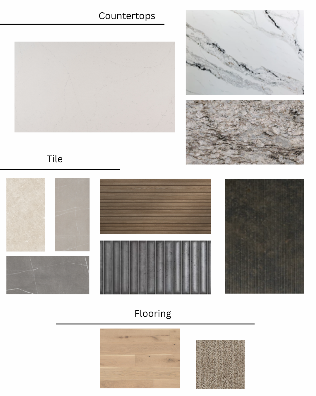Mood board with countertop, tile, and flooring samples in various colors and textures.