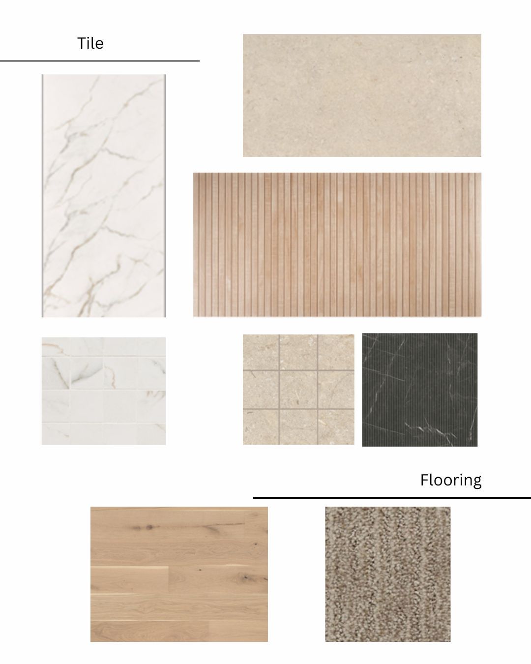 Mood board with tile and flooring samples in neutral tones, including marble, wood, and textured carpet.