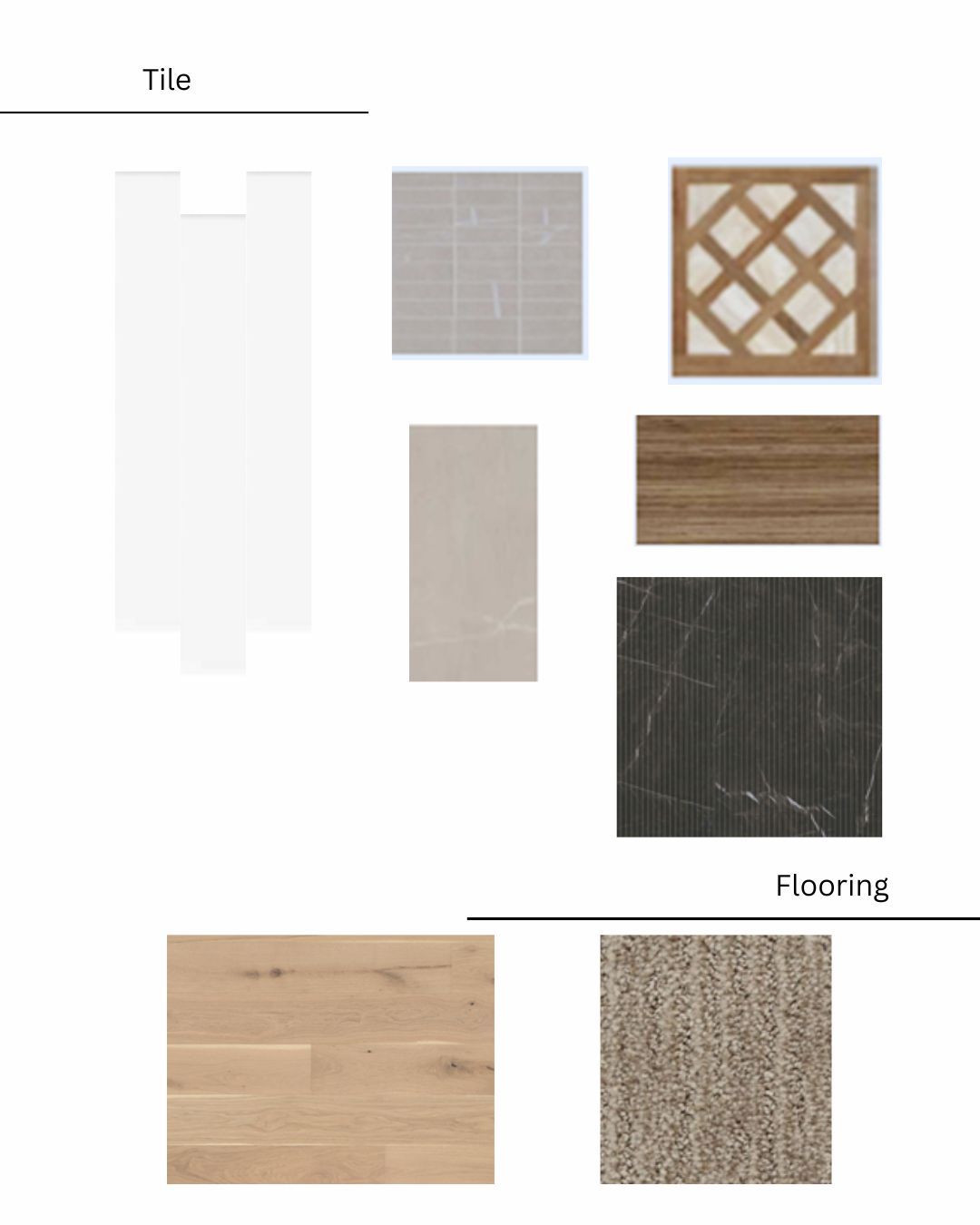 A mood board with tile and flooring samples in neutral tones: white, gray, and wood textures.