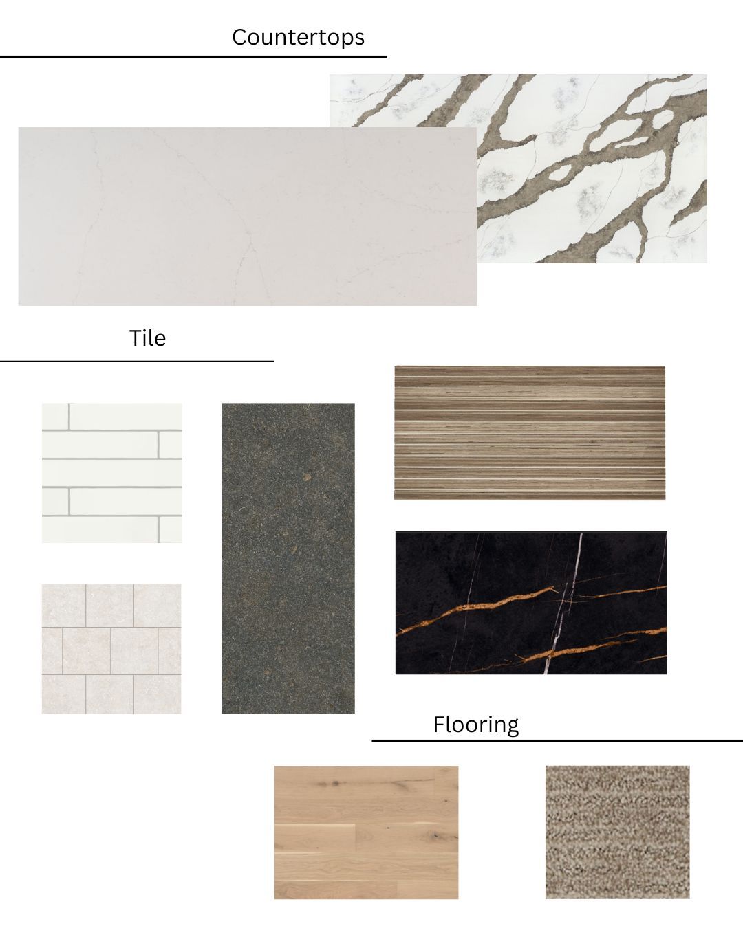 Mood board of countertop, tile, and flooring samples in various colors and textures.
