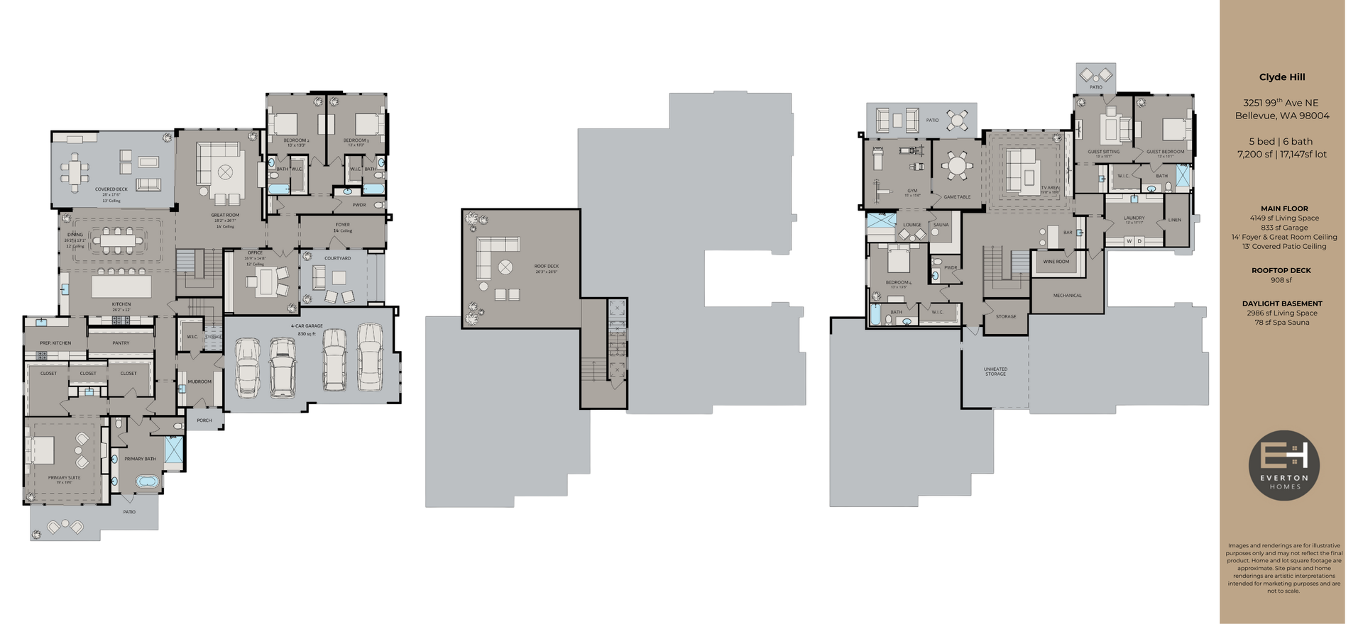 Floor plans of a house with multiple rooms and garages, different levels, and a legend.