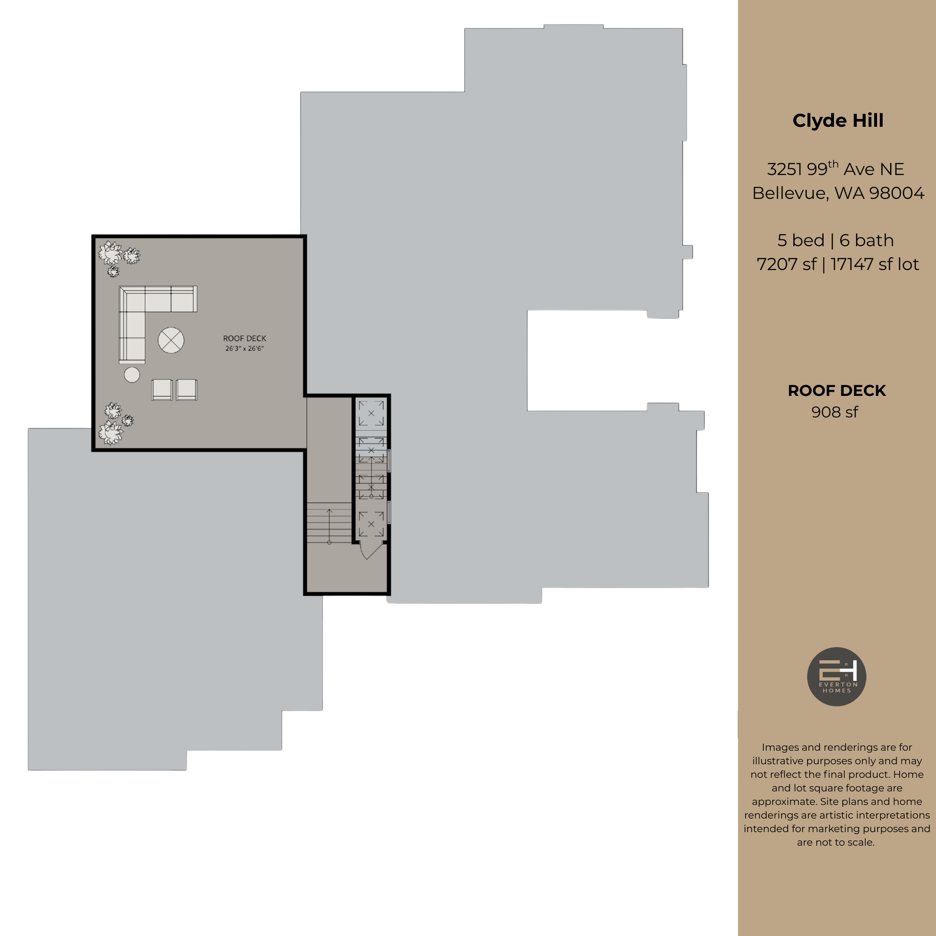 Floor plan of a Clyde Hill roof deck, showing seating area, stairs, and building outline.