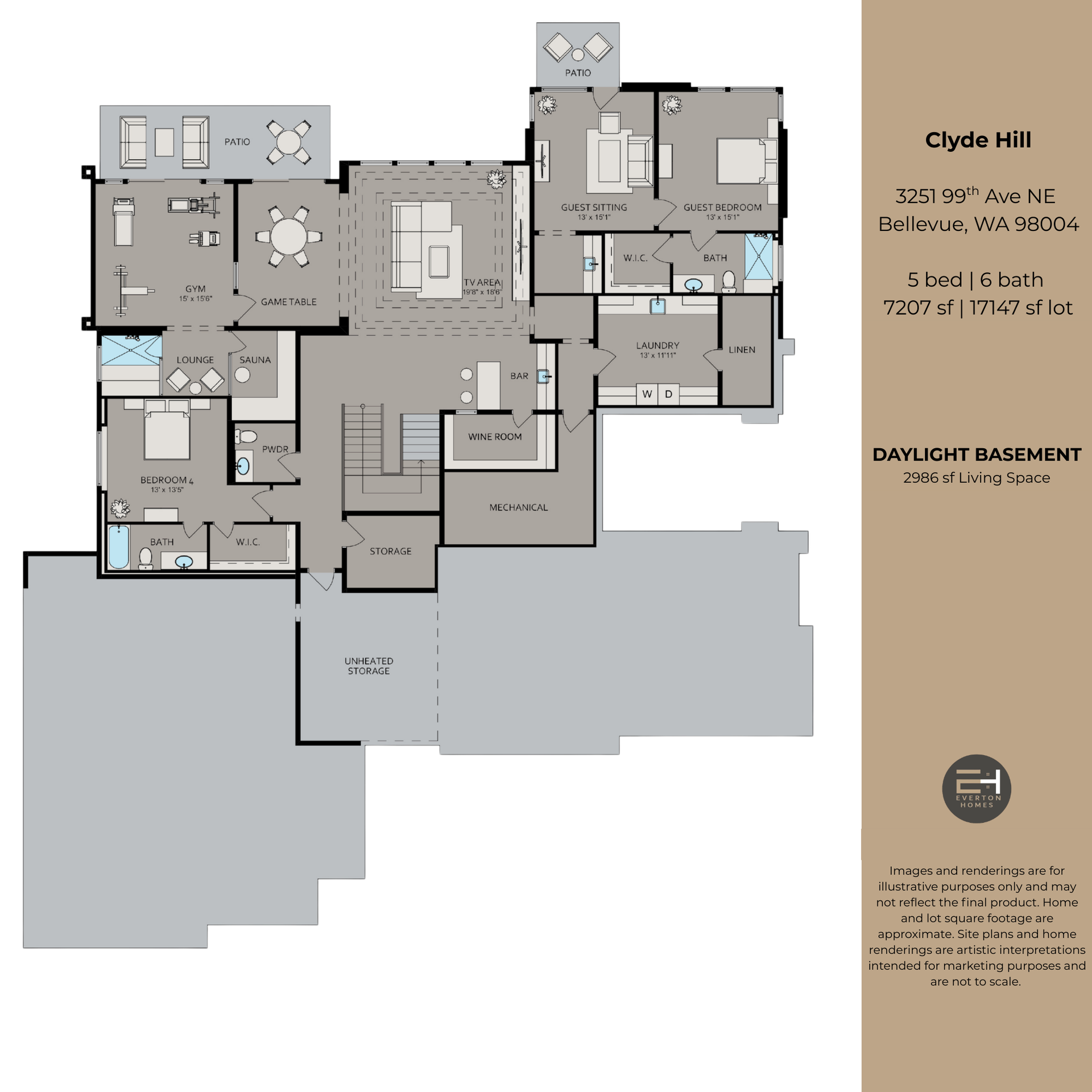 Floor plan of a Clyde Hill daylight basement. Rooms include a kitchen, living area, and bedrooms.