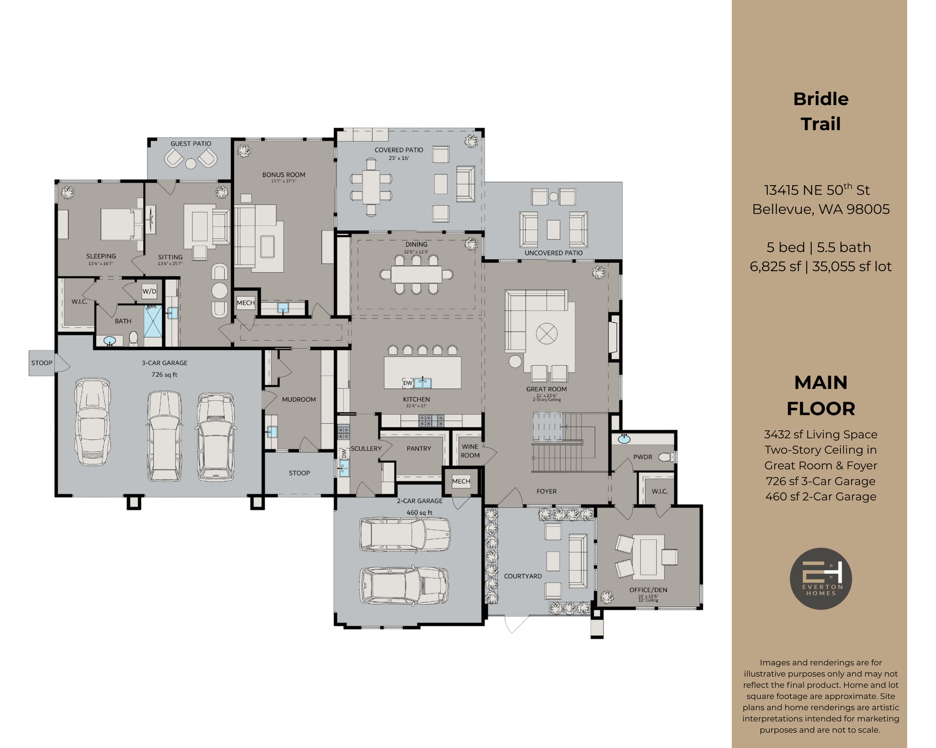Floor plan of a house; labeled Bridle Trail. Features include garage, bedrooms, kitchen, and dining areas.