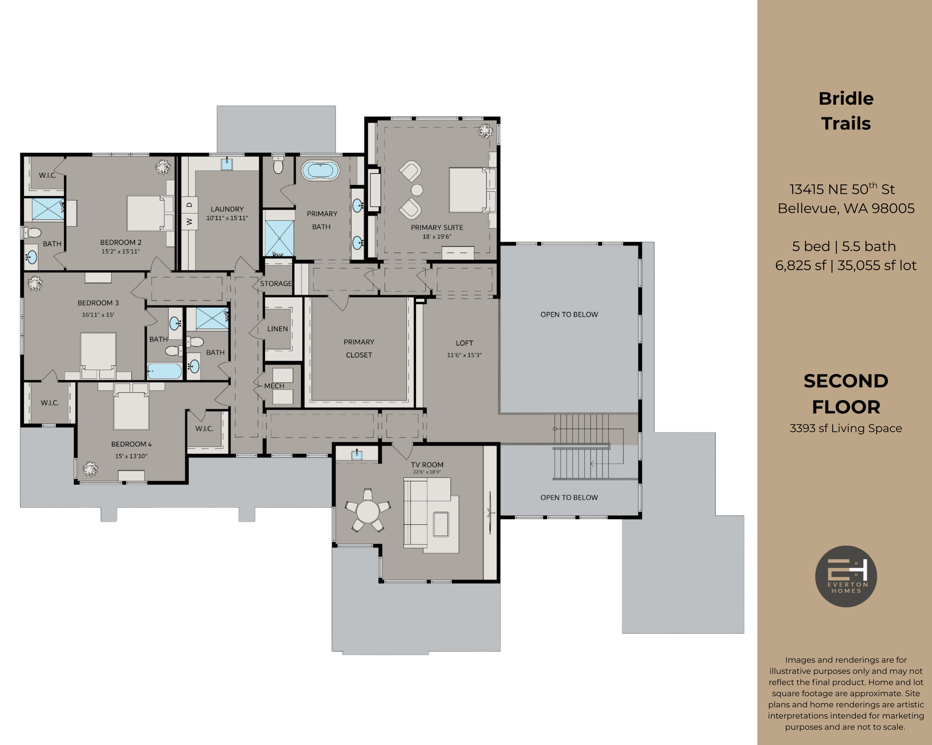 Second floor house plan with bedrooms, bathrooms, living spaces and outdoor area.