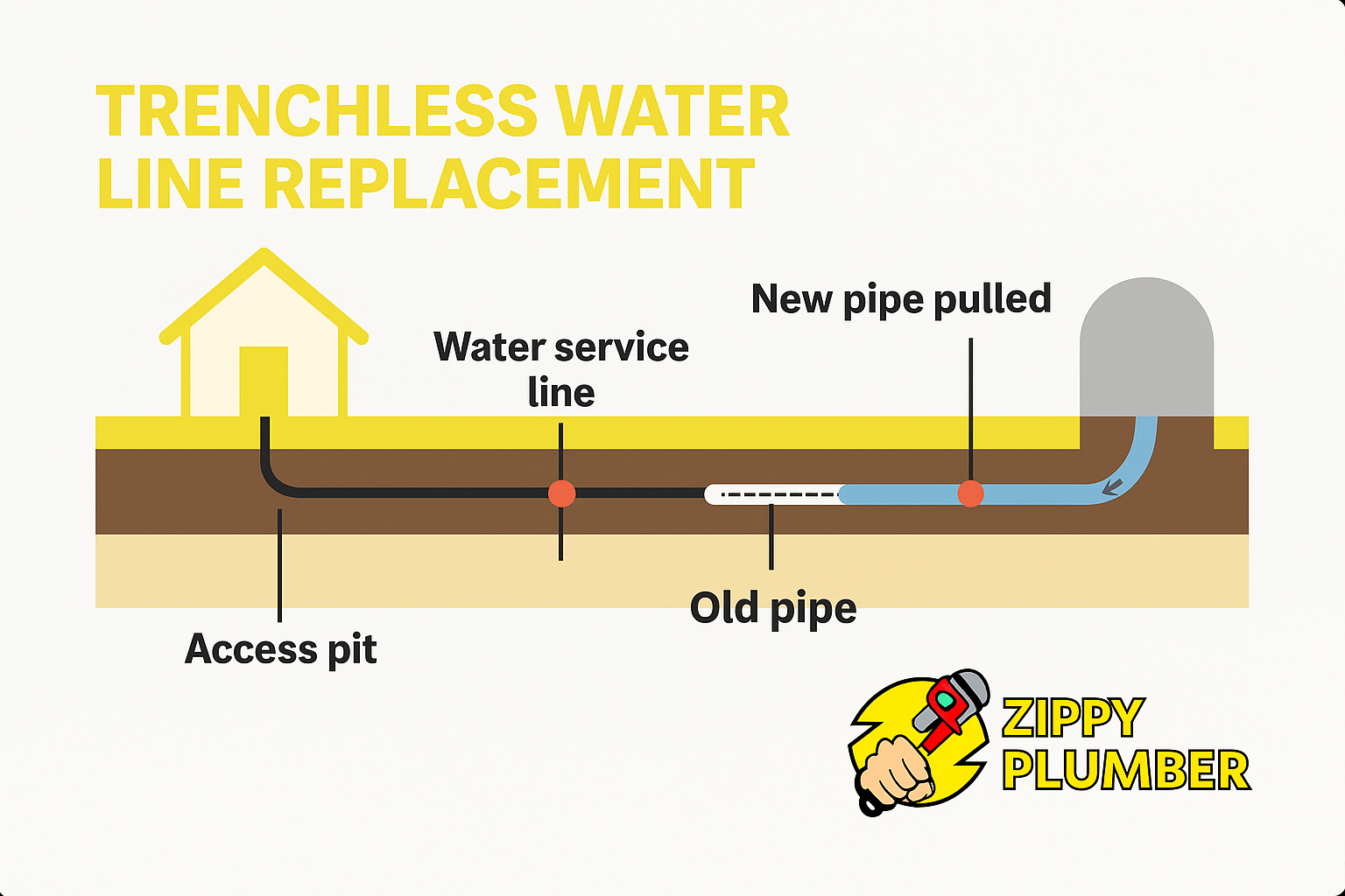 Diagram: Trenchless water line replacement. New pipe pulled through old line, connecting house and water source.