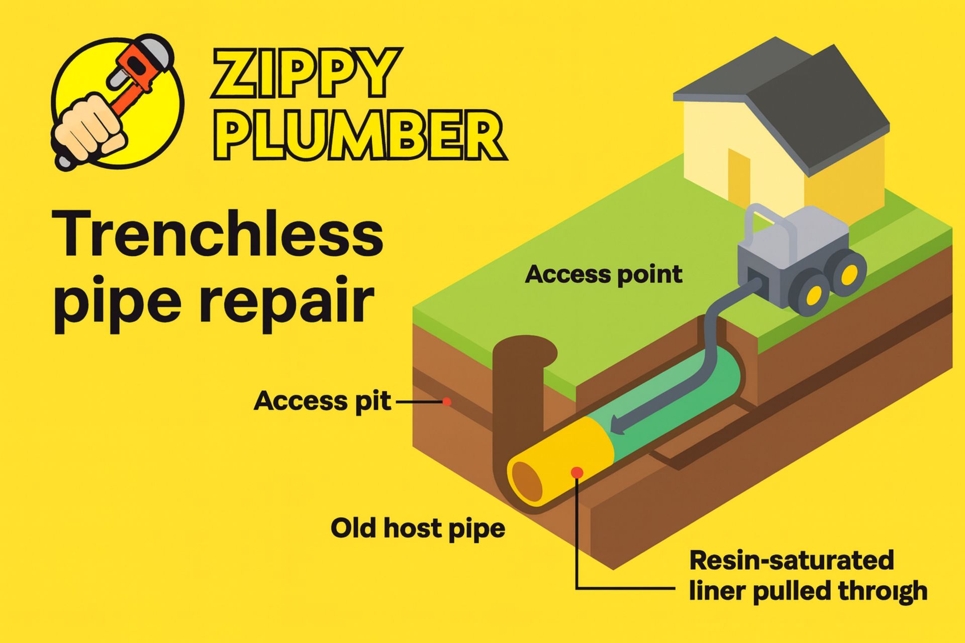 Diagram of trenchless pipe repair with a resin-saturated liner pulled through the old host pipe.