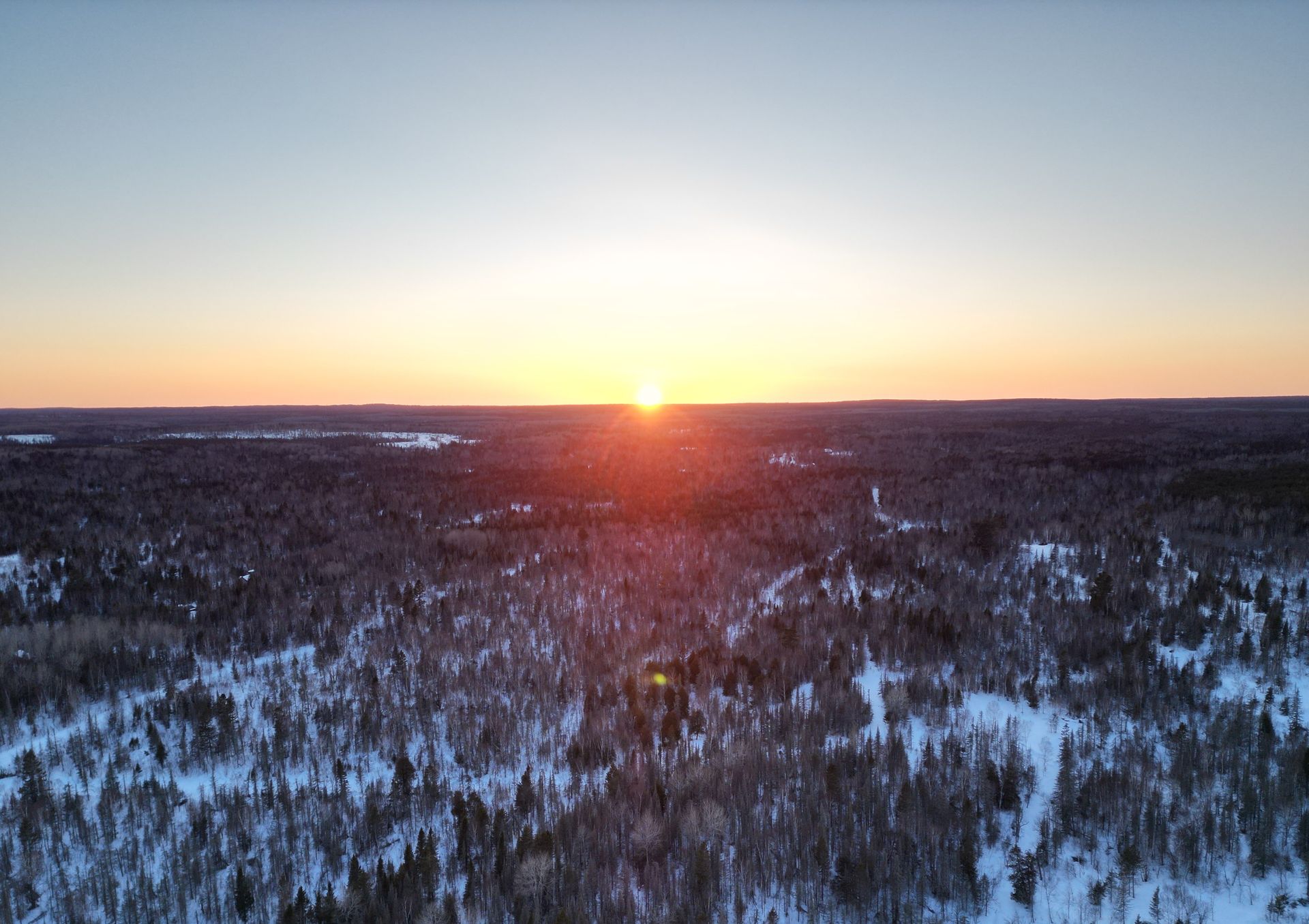 The sun is setting over a snowy forest