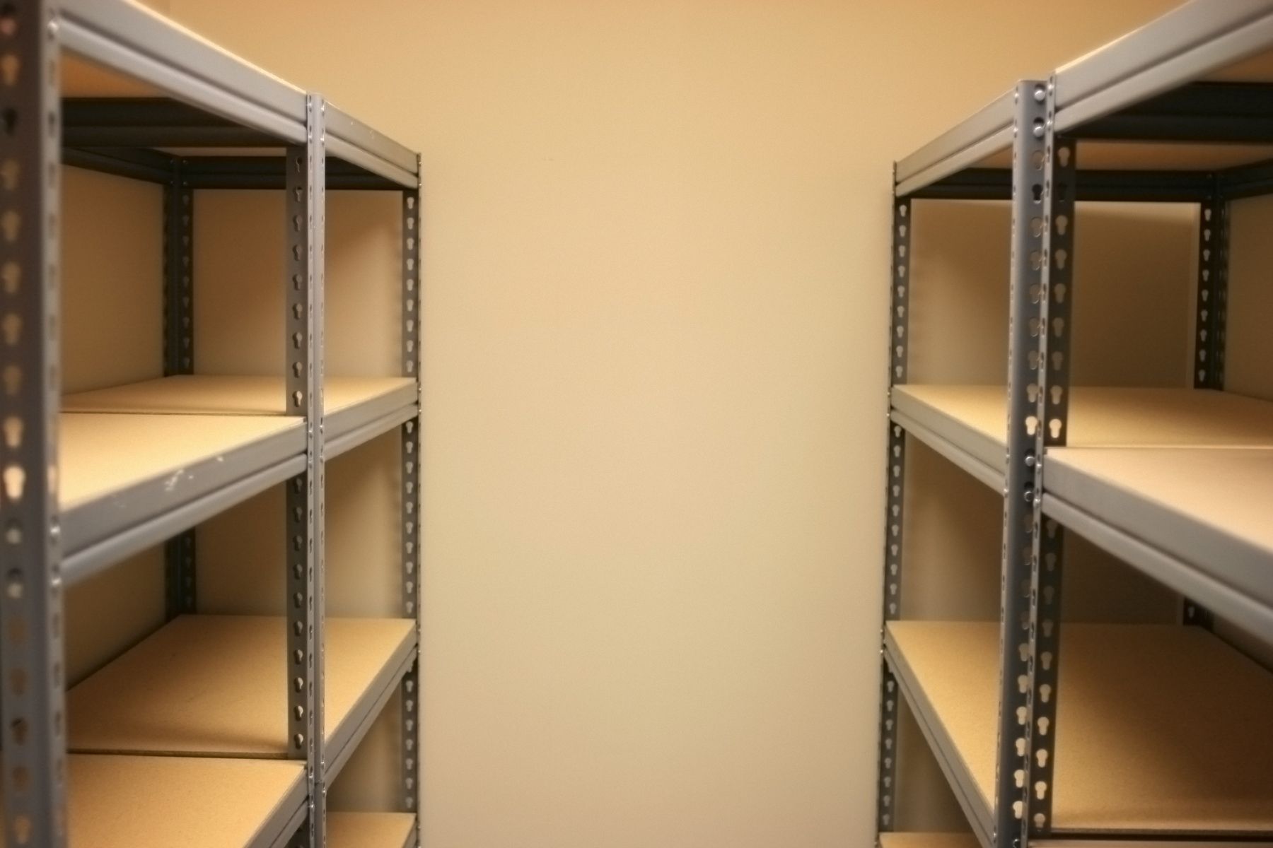 Empty metal shelving units against a tan wall.