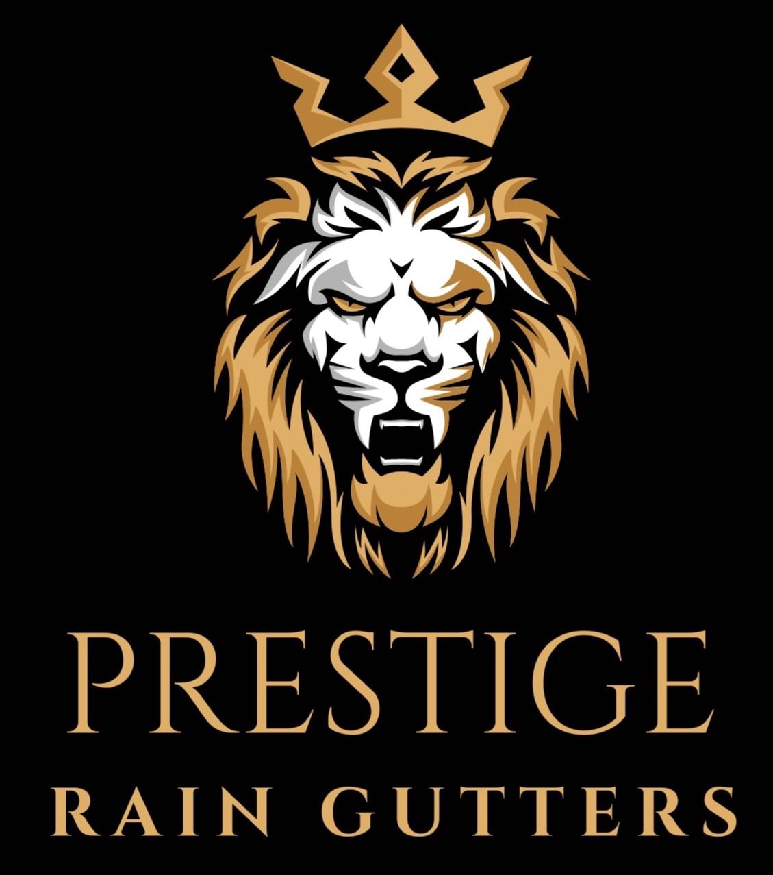 A logo for prestige rain gutters with a lion wearing a crown