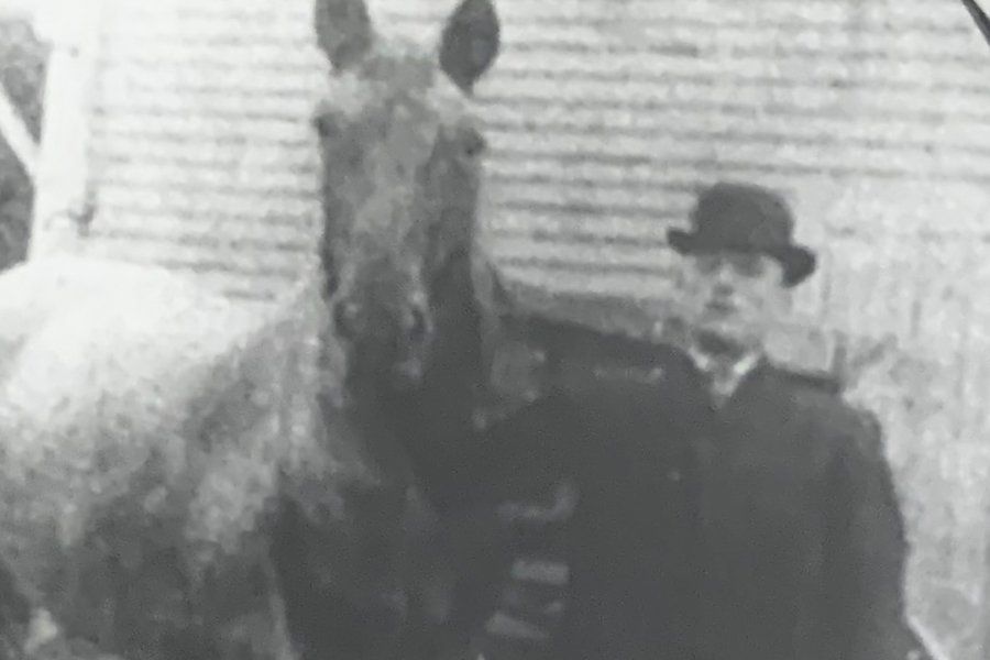 Black and white image of man in suit and top hat standing with horse in front of buggy.