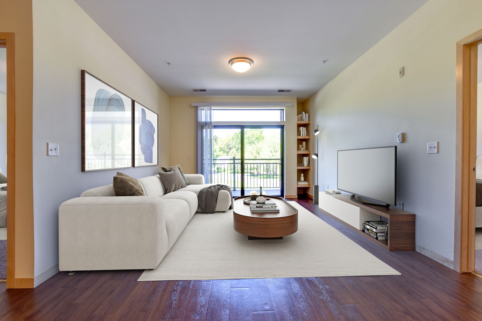 A living room with a couch and a coffee table