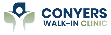 Conyers Walk-In Clinic logo with blue text and a stylized green and blue medical figure